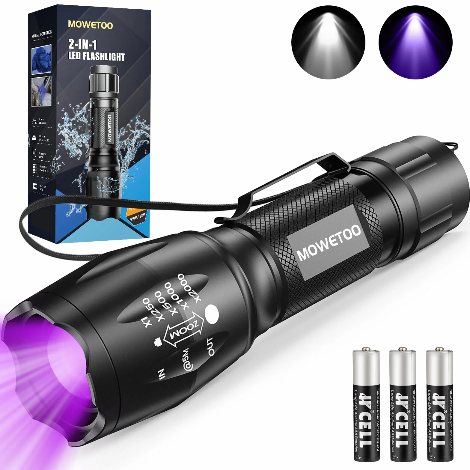 MOWETOO Latarka, lampa UV 2 w 1, lampa UV, latarka LED, 395 nm, 4 tryby, detektor banknotów, moczu psów i innych zwierząt domowych, 40 W