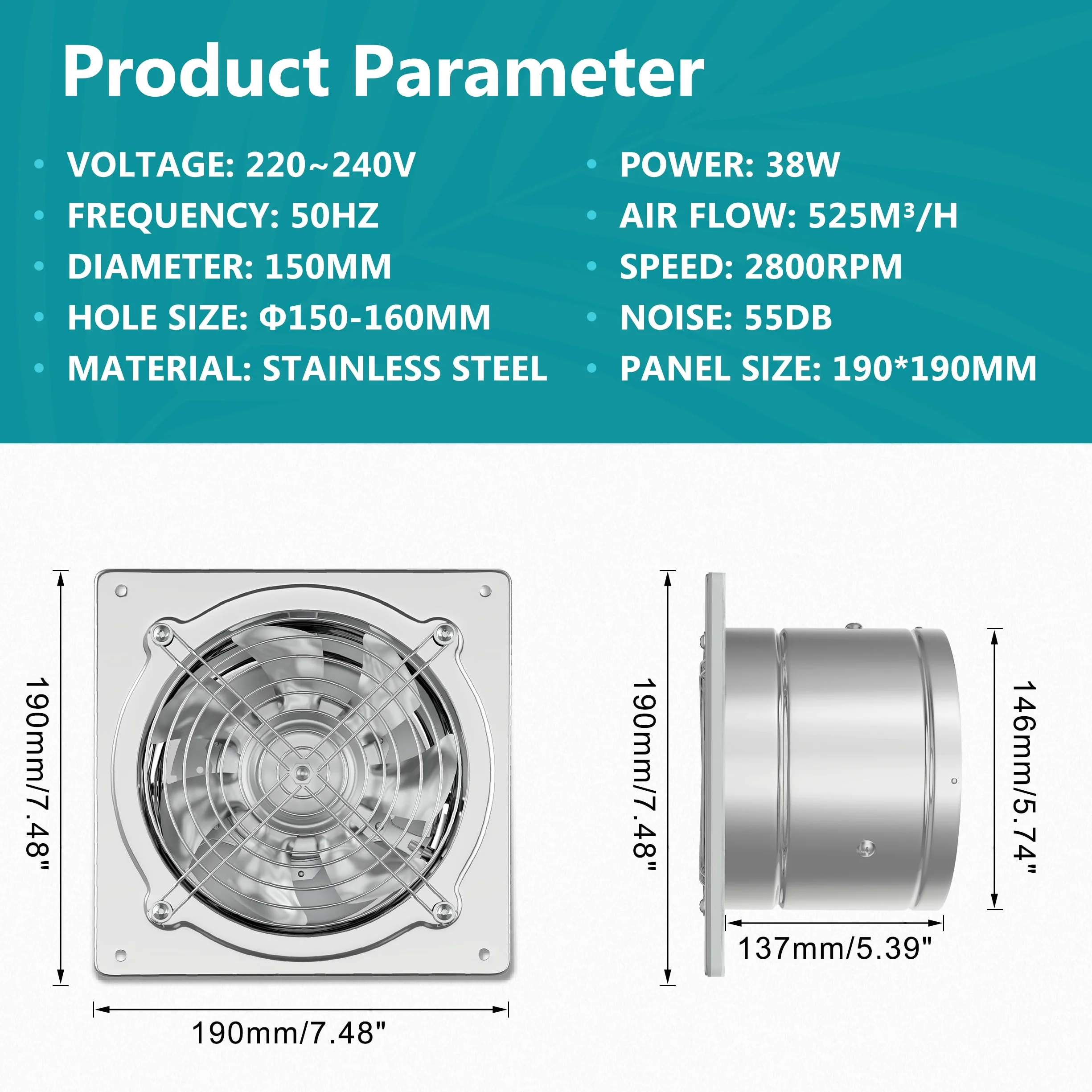 HG Power Wentylator wyciągowy 150 mm 525 m³/h cichy z klapą zwrotną metalowy ścienny srebrny