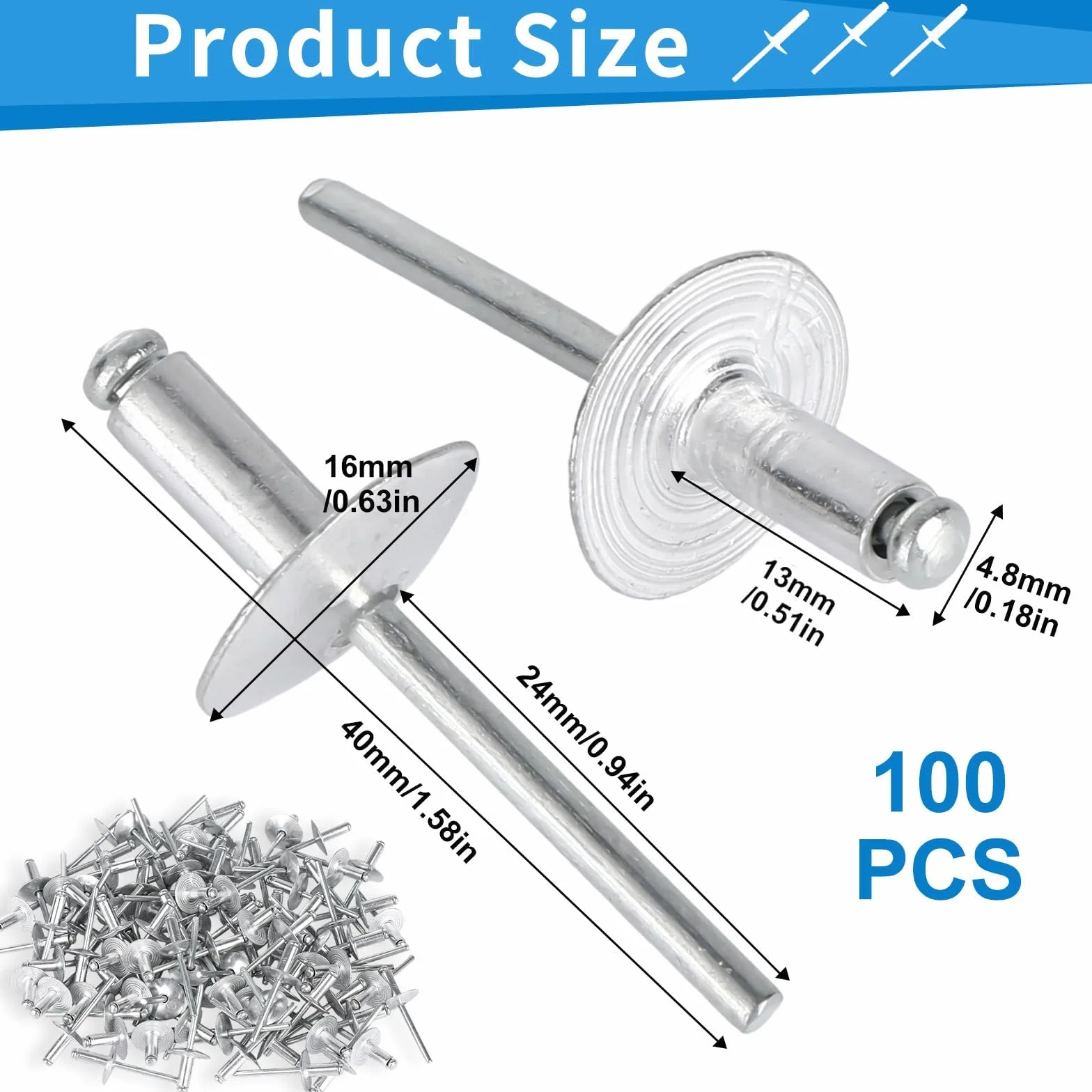 Nity zrywalne aluminiowe z dużą główką 4,8 x 13 mm (głowica 16 mm) srebrne 100 sztuk