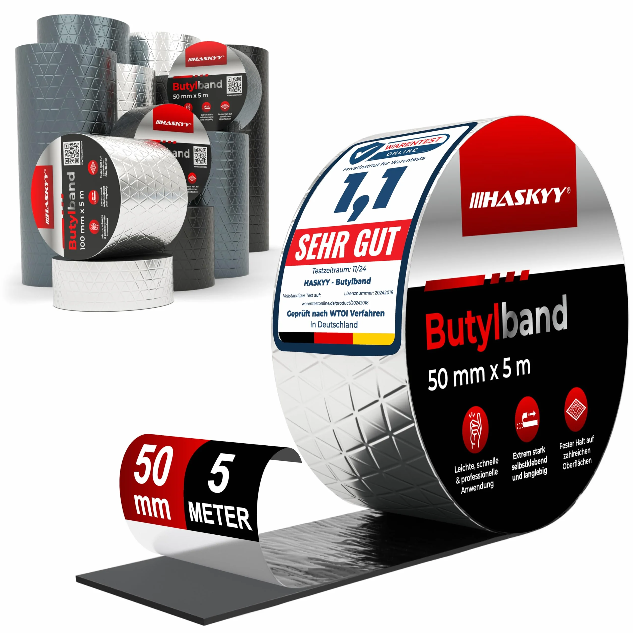 HASKYY Wodoszczelna taśma klejąca butylowa 5 cm x 5 m z folią aluminiową