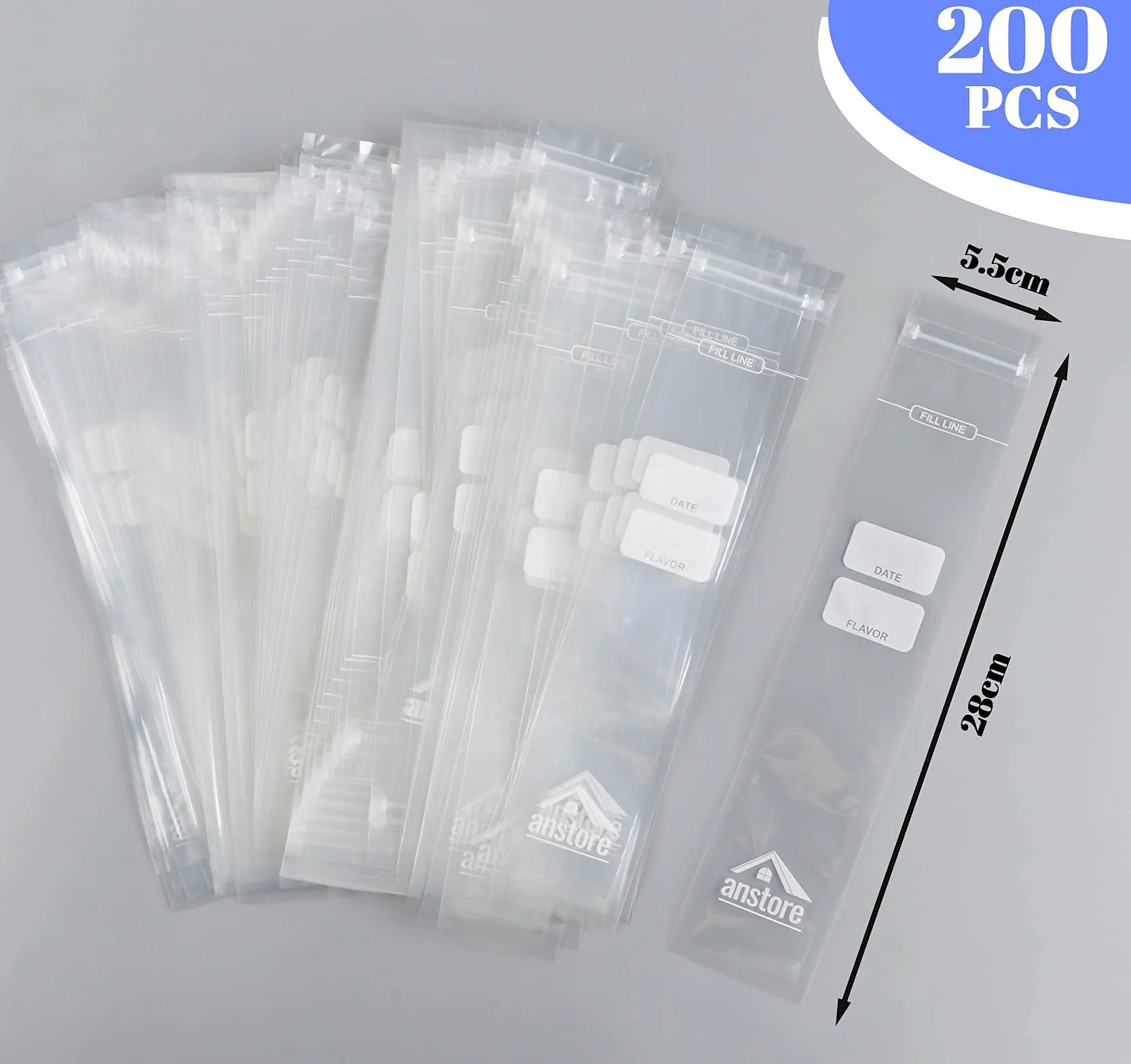 Anstore torebki do lodów wodnych, 200 sztuk, 28 x 5,5 cm, bez BPA, z zamkiem błyskawicznym
