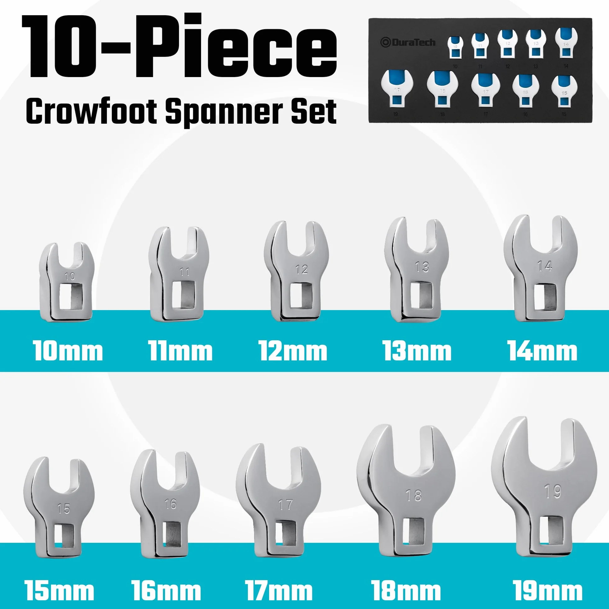 DURATECH Zestaw kluczy Crowfoot 10-częściowy 3/20.3 cm 10-19 mm stal Cr-V