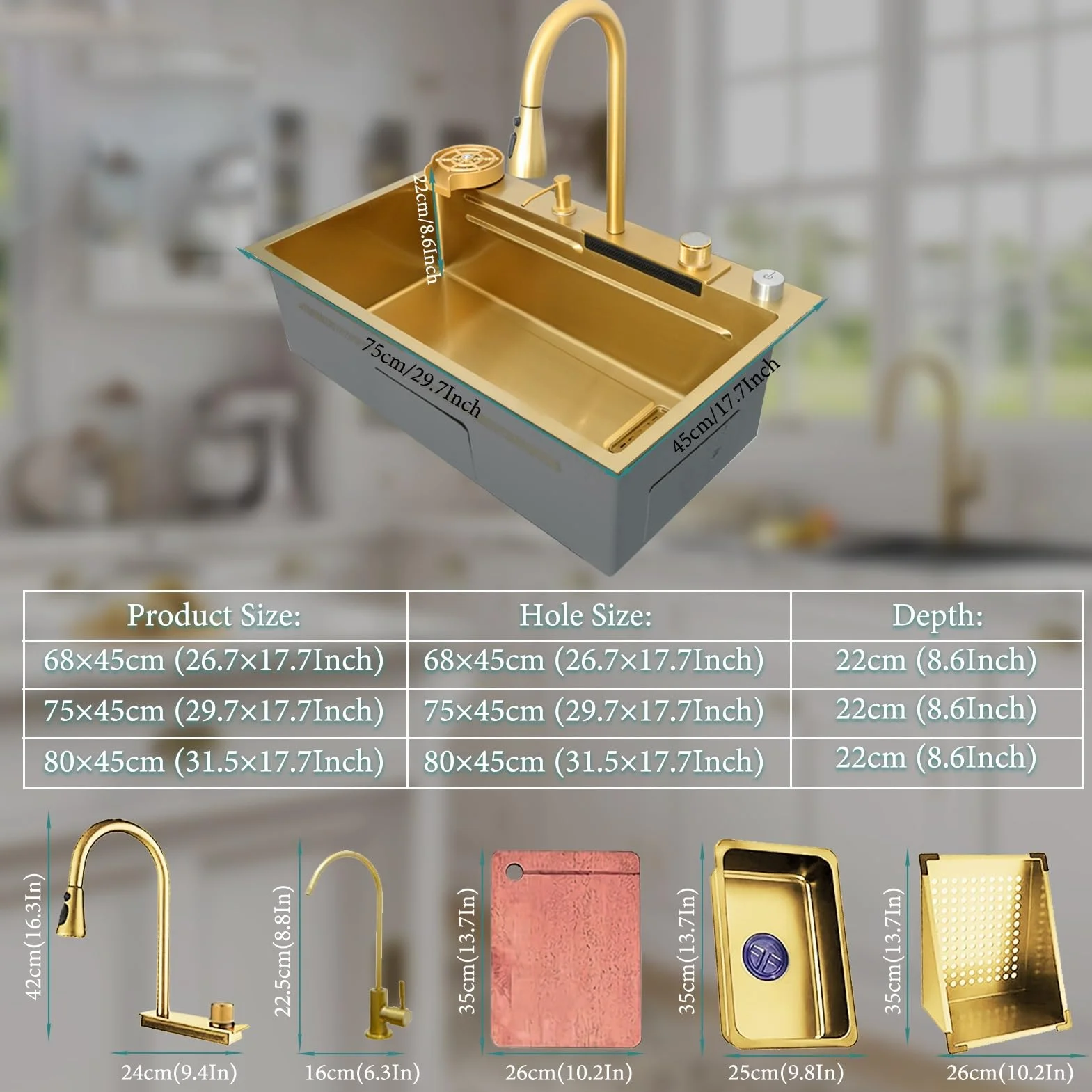 Gold Nano Kitchen Waterfall Sink Set with Multi-Function Pull-Out Faucet Deep Single Bowl 75x45cm