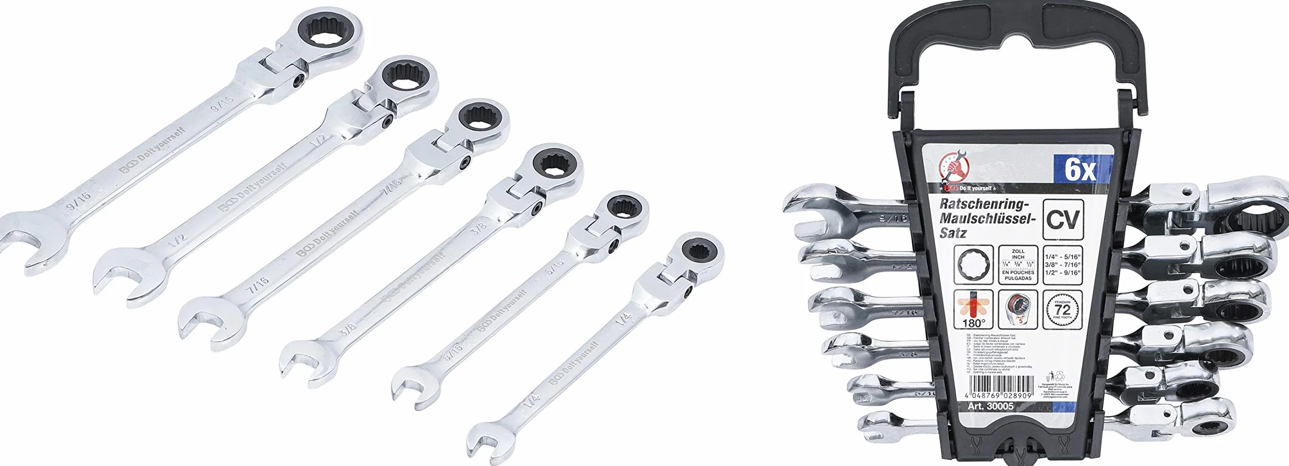 BGS Diy 30005 Zestaw kluczy płasko-oczkowych z grzechotką elastyczne końcówki calowe 1/4" - 9/16" 6 szt.