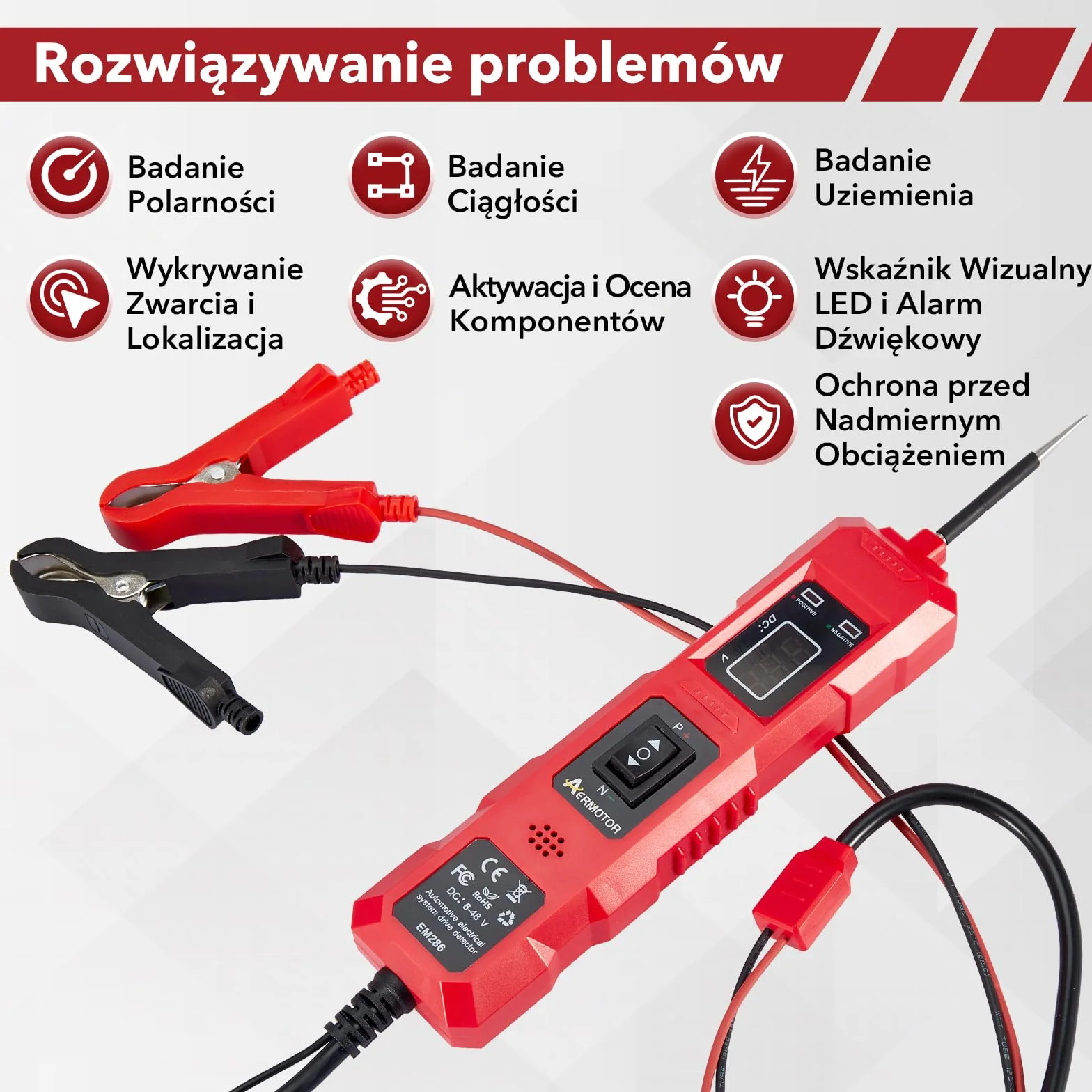 Carbole DC 6-48V Wielofunkcyjny Tester Obwodów Samochodowych, Wyposażony w Sondę Zasilania, System Wskaźnika LED i 13-stopowy (4-metrowy) Kabel, Do Sprawdzania Zwarcia, Polarności i Ciągłości