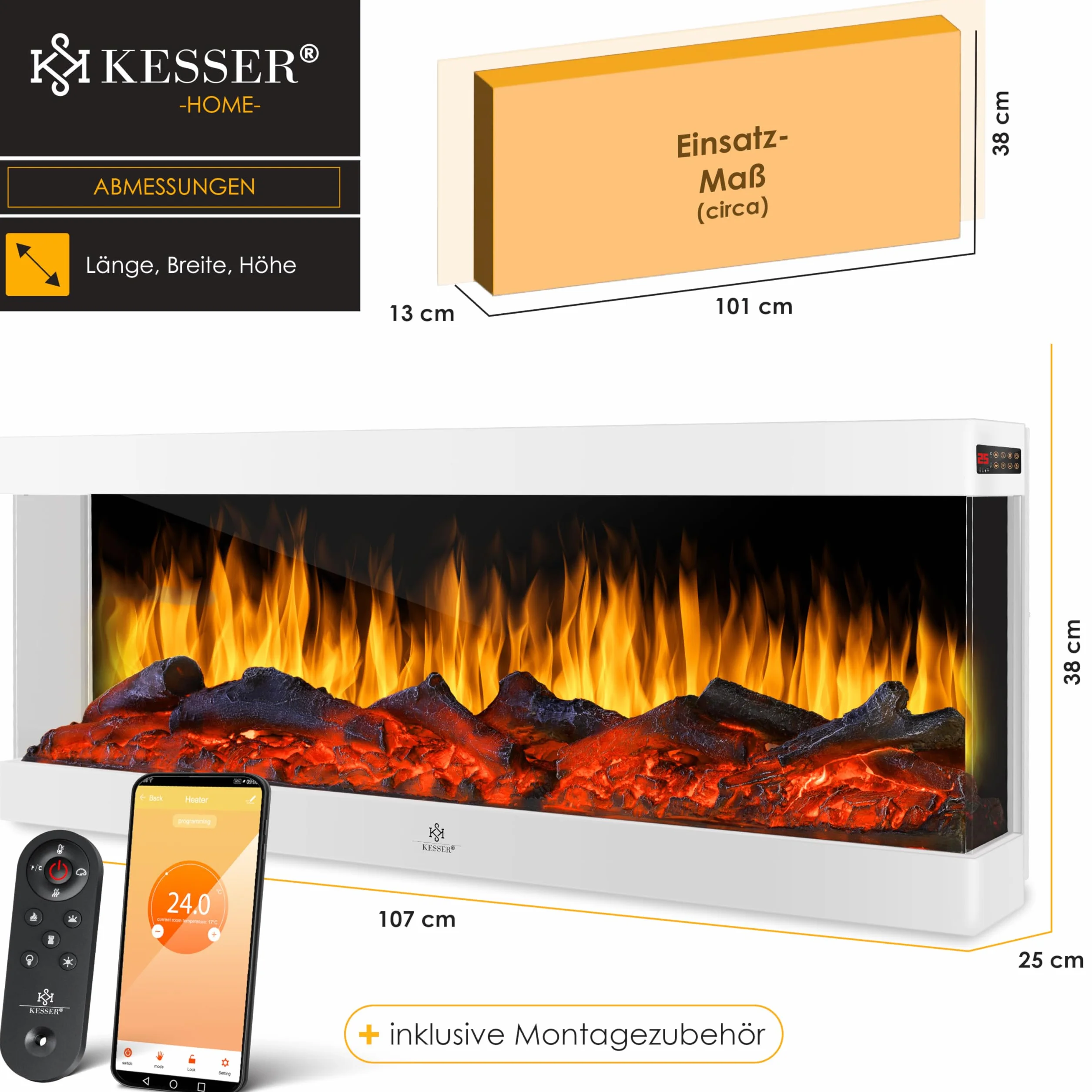 KESSER Kominek elektryczny 3D ścienny 900/1800 W 9 trybów LED efekt płomienia z ogrzewaniem
