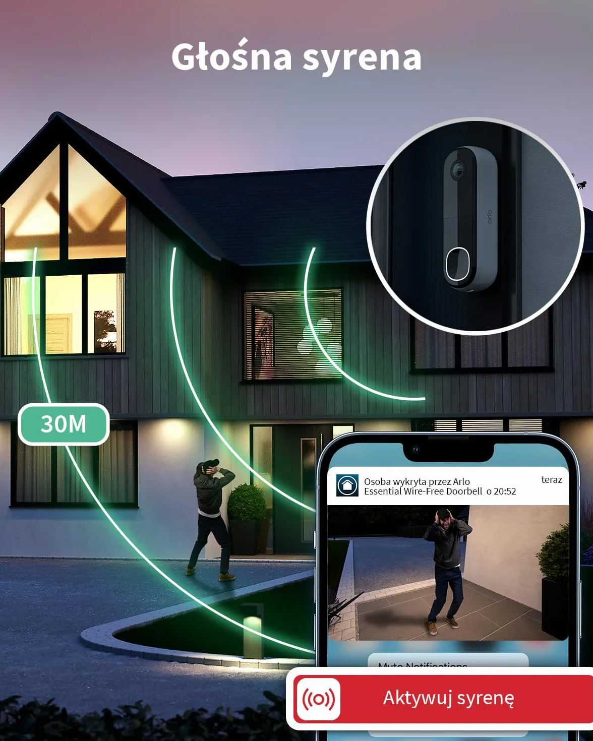 Arlo 2K HD Wideo Dzwonek do Drzwi WiFi, Czujnik Ruchu, Dwukierunkowy Dźwięk, Pole Widzenia 180°