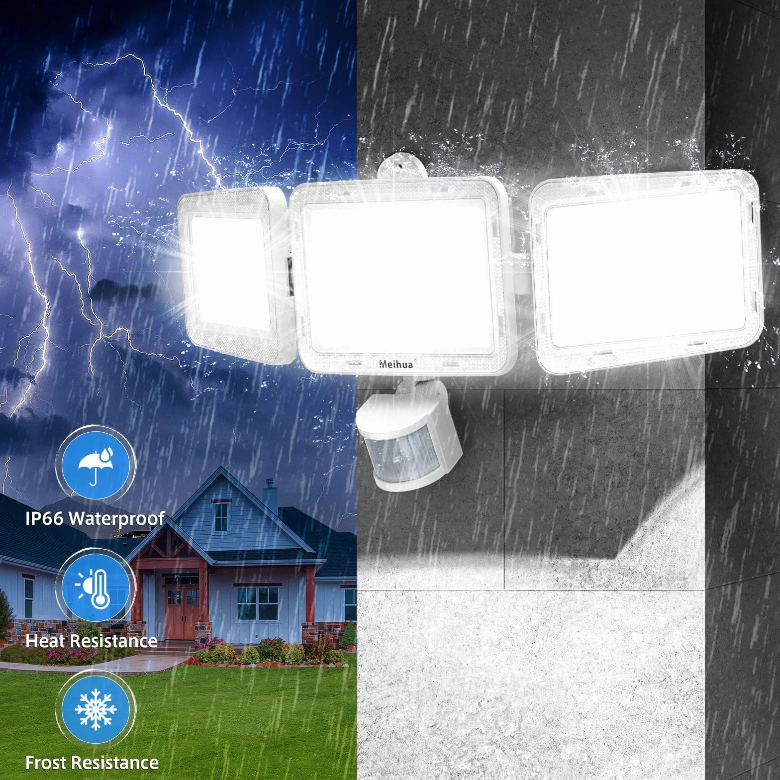 MEIHUA Reflektor LED 70 W z czujnikiem ruchu IP66 6500 K trzygłowicowy regulacja 180°