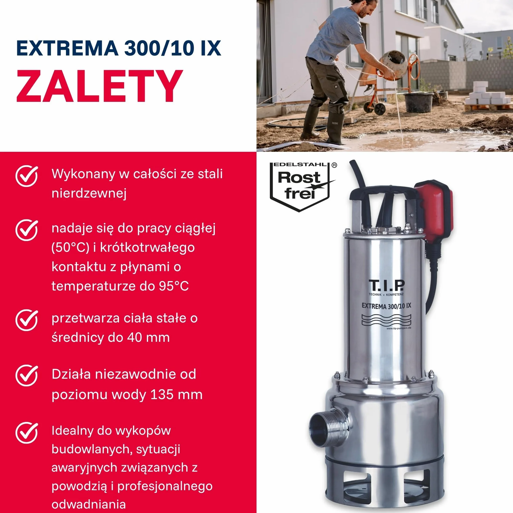 T.I.P. Extrema 300/10 IX Pompa Zanurzeniowa do Brudnej Wody Stal Nierdzewna 1200W 19500l/h 10,5m 40mm 95°C
