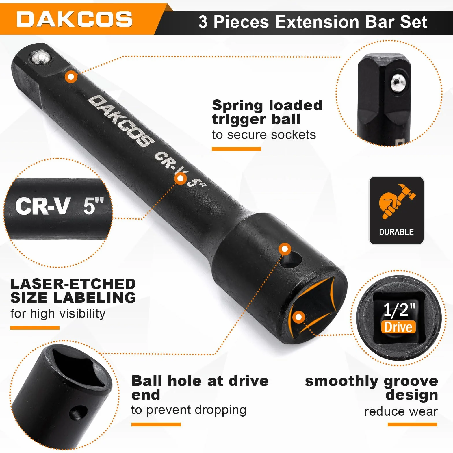 DAKCOS 3-częściowy zestaw przedłużek do kluczy nasadowych 1/2" CR-V czarna powłoka fosforanowa