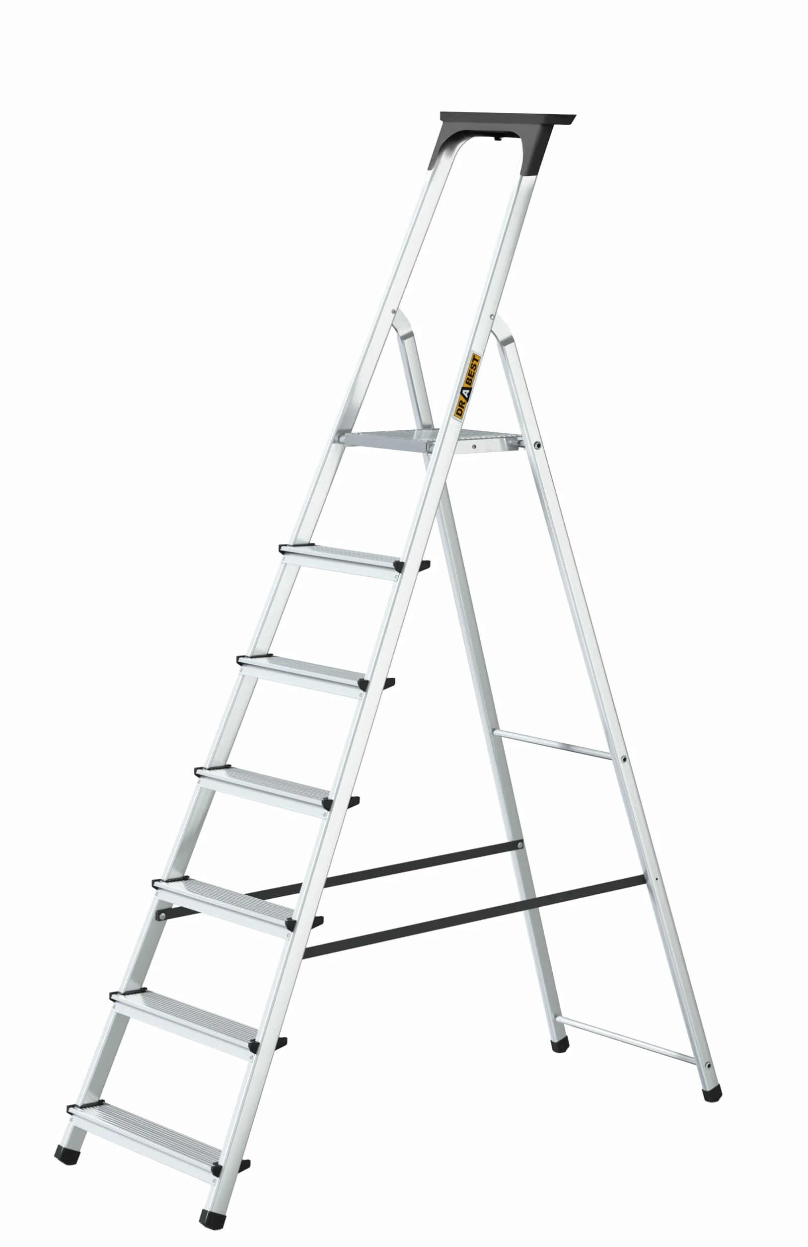 Drabina domowa 7 stopni - wysokość robocza 3,40 m - drabina składana aluminiowa z półką i platformą 25x26 cm, antypoślizgowe stopki, maks. 125 kg