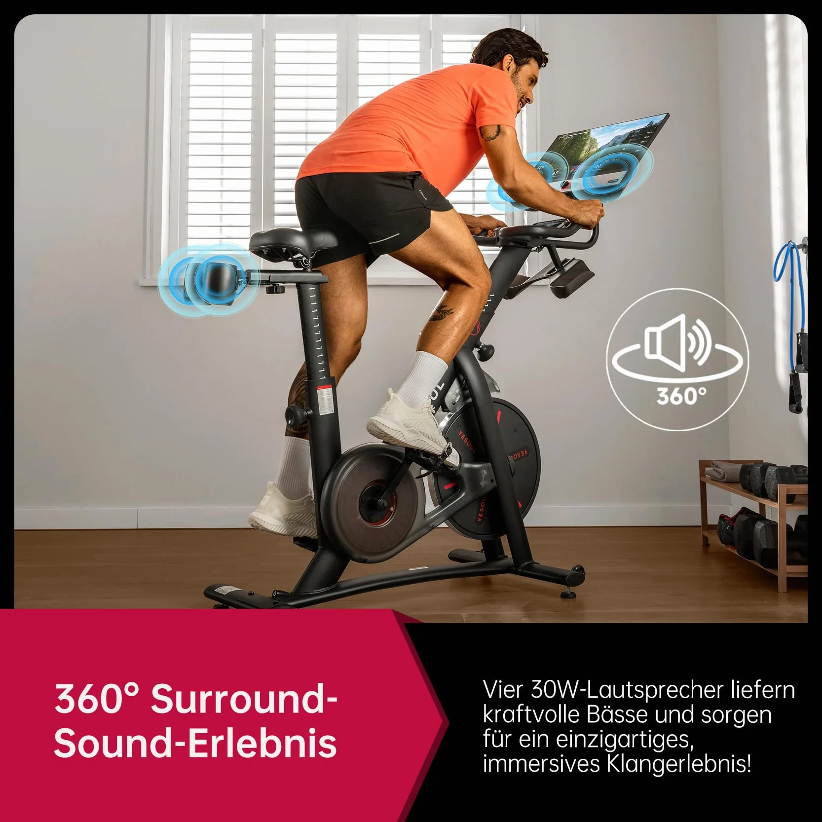 YESOUL BIKE G1M MAX rower treningowy z magnesem, wyświetlacz FHD, 21,5", czarny, obrót o 360°, elektryczny 24 V, rower wewnętrzny, 35 kg, pojemność 137 x 53 x 145 cm