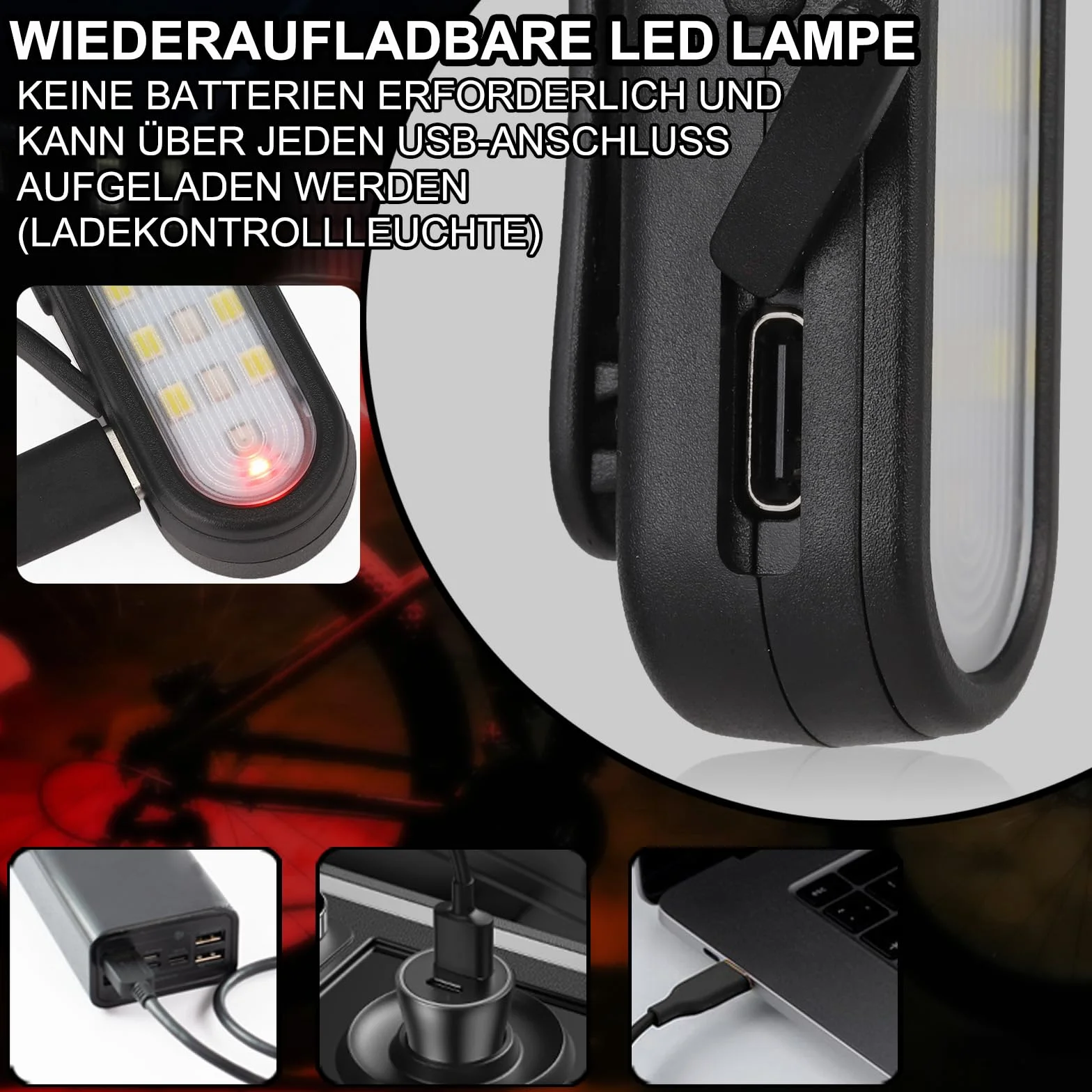 Lampka LED z klipsem migające światło 2 efekty do biegania ładowana USB