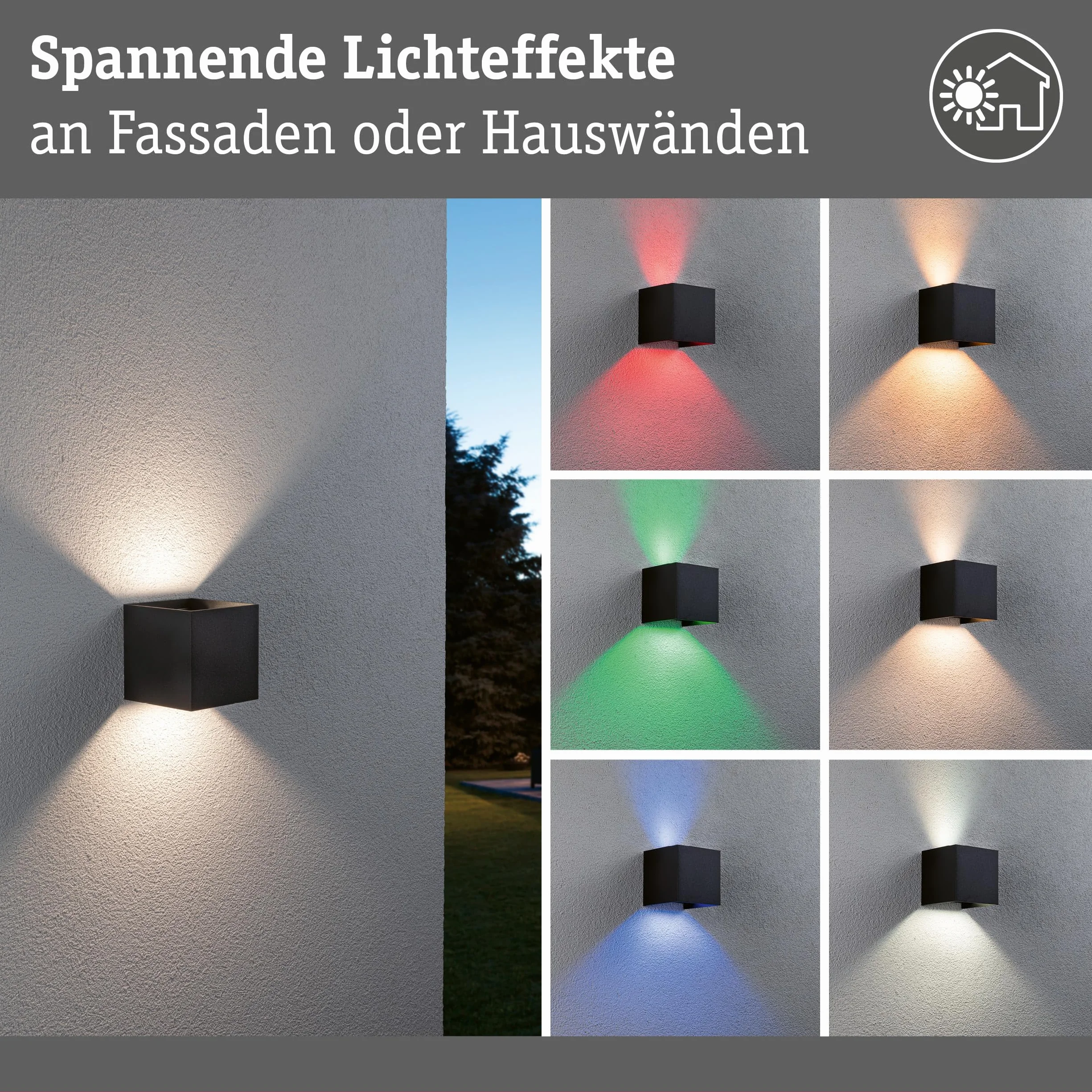 Paulmann 94847 LED oprawa na ścianę zewnętrzną Cybo IP44 2x2,5W 2x150lm ściemniania 100x100mm antracyt aluminium RGBW