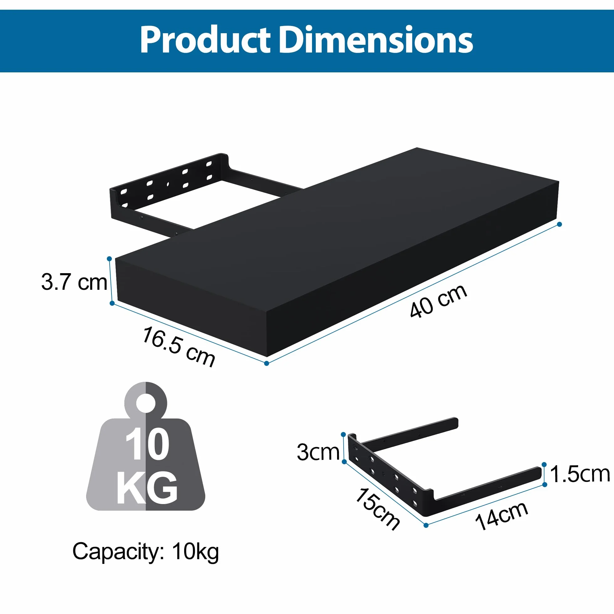 BONTEC Drewniane półki pływające, zestaw 2 sztuk, 40 cm, do 10 kg, czarne