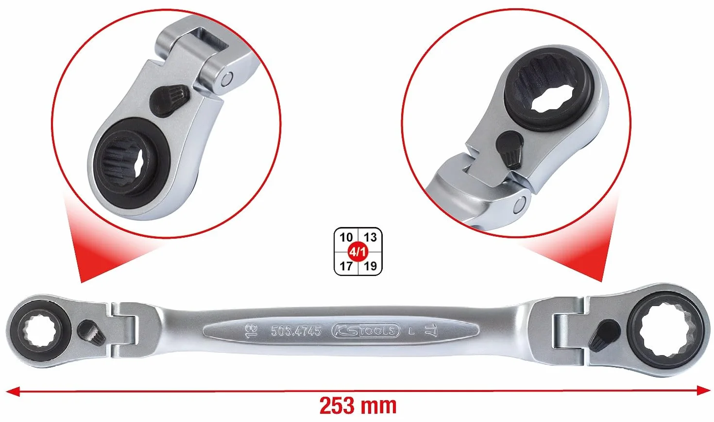 KS Tools 503.4745 4 w 1 GEAR+ Podwójny klucz oczkowy z grzechotką 10x13-17x19mm