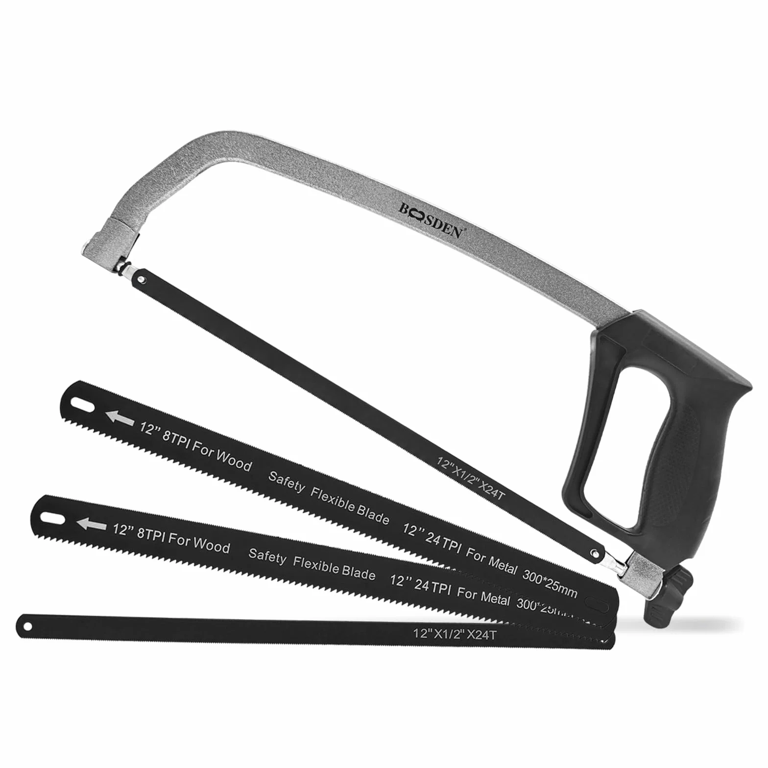 BOOSDEN Piła do metalu 300 mm z 3 wymiennymi ostrzami do drewna stali PCW i plastiku