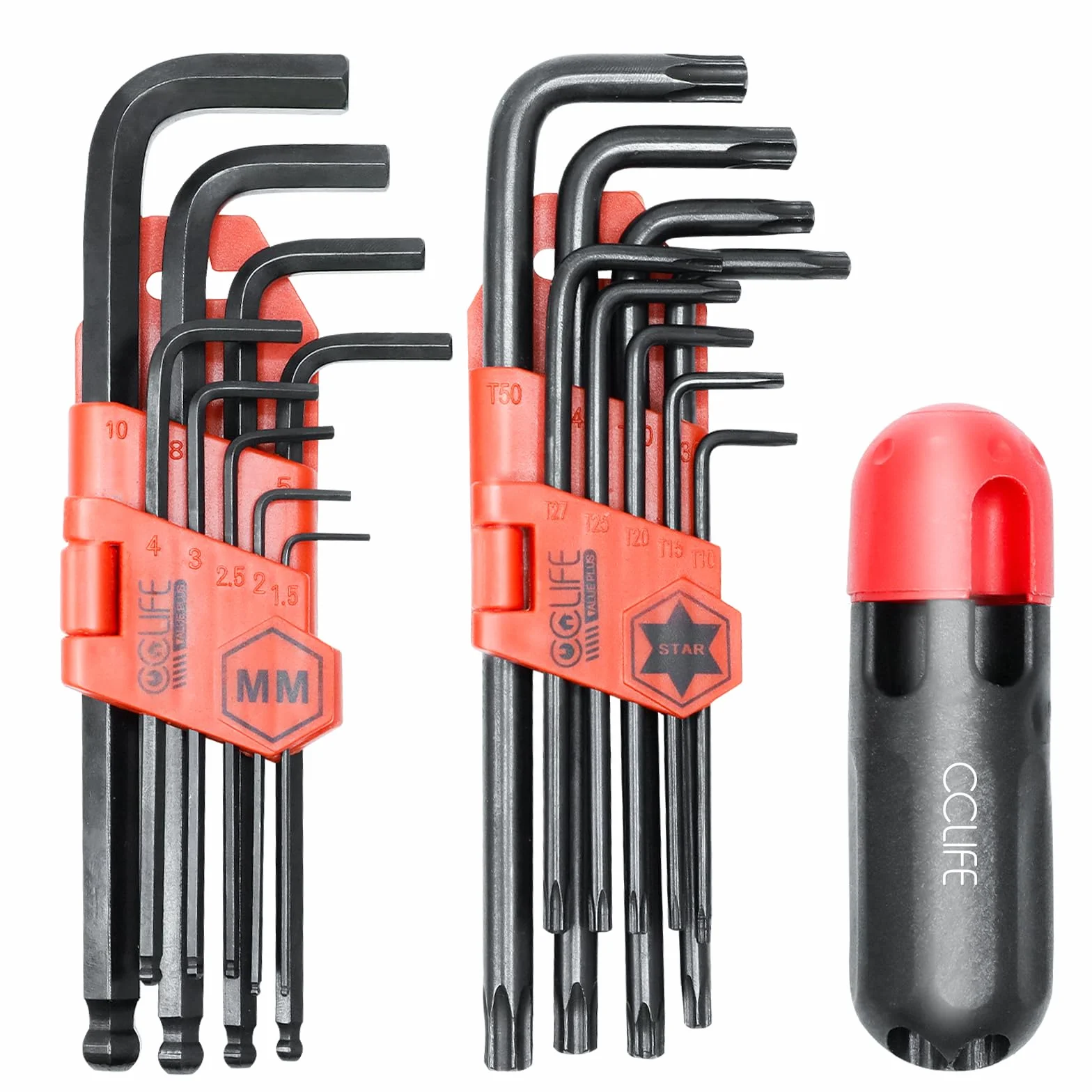 CCLIFE Torx 19-częściowy zestaw kluczy imbusowych Cr-V 1,5 mm-10 mm T10-T50