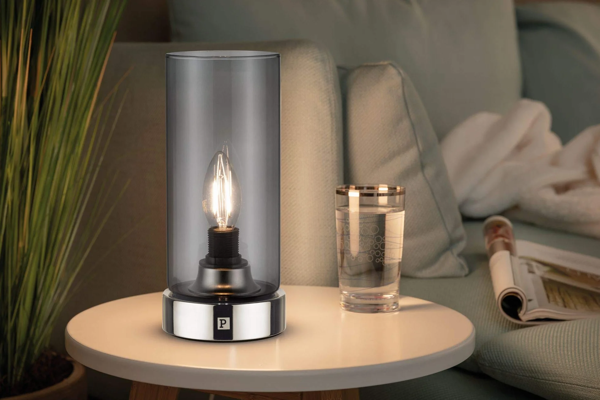 Paulmann Pinja lampa stołowa dotykowa 20W E14 chrom szkło dymne 230V metal szkło 77056