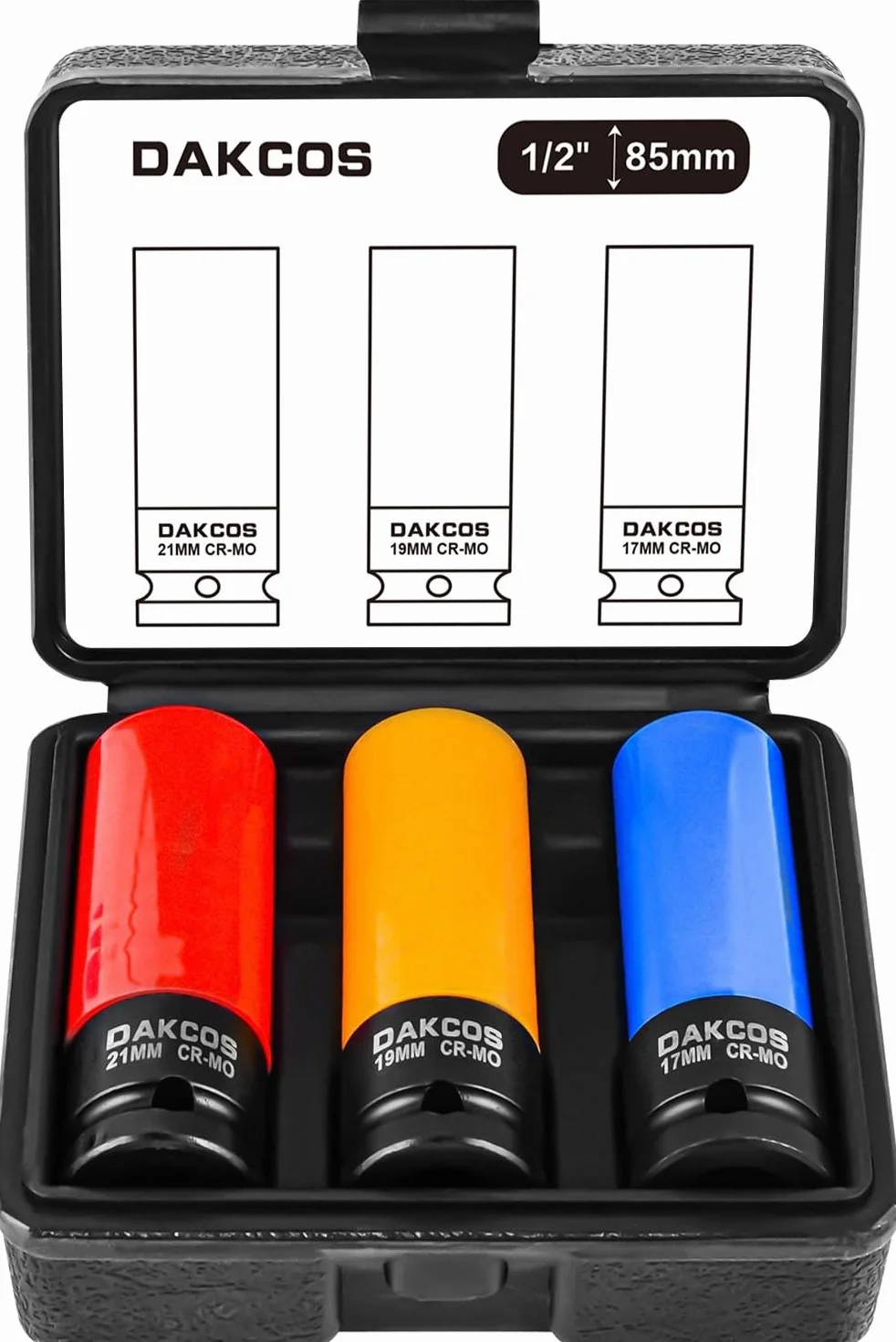 DAKCOS 3-częściowe nasadki udarowe 17mm 19mm 21mm 1/2" CR-MO długość 85mm