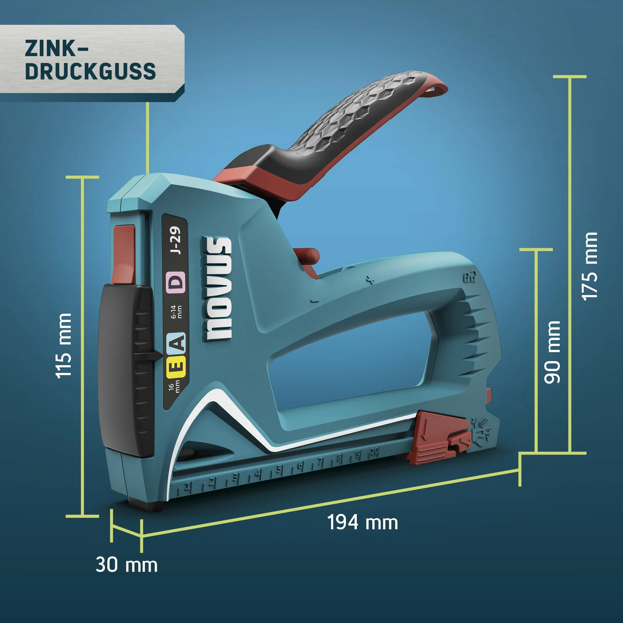 NOVUS TOOLS Zszywacz ręczny J-29 1800 zszywek metalowa obudowa miękki uchwyt zszywki 6-14 mm