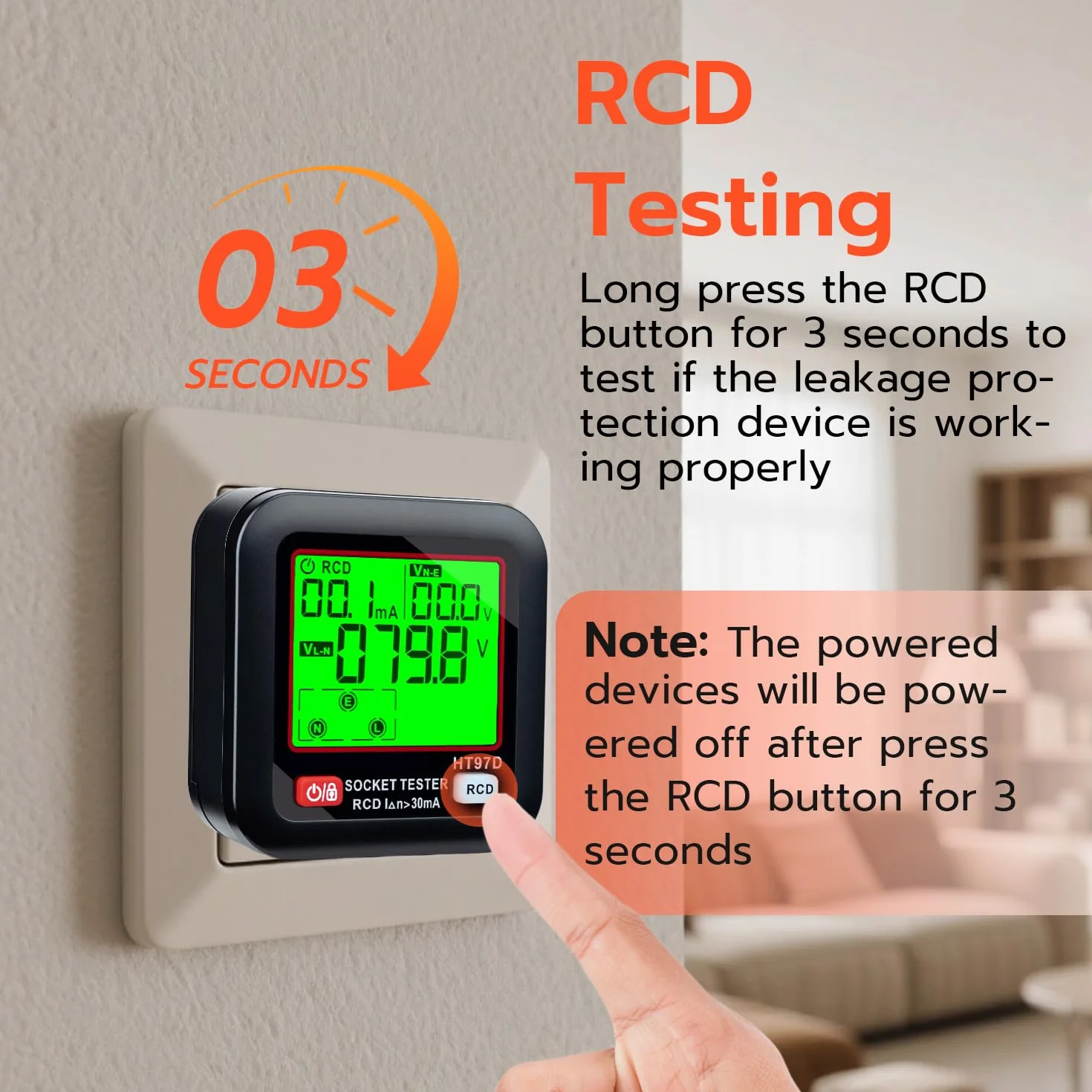 Wigearss Tester gniazd z kontrolą RCD i wyświetlaczem napięcia LCD, 6 rodzajów diagnostyki błędów, napięcie wycieku i wskaźnik prądu, test FI, 30-260 V/45-65 Hz