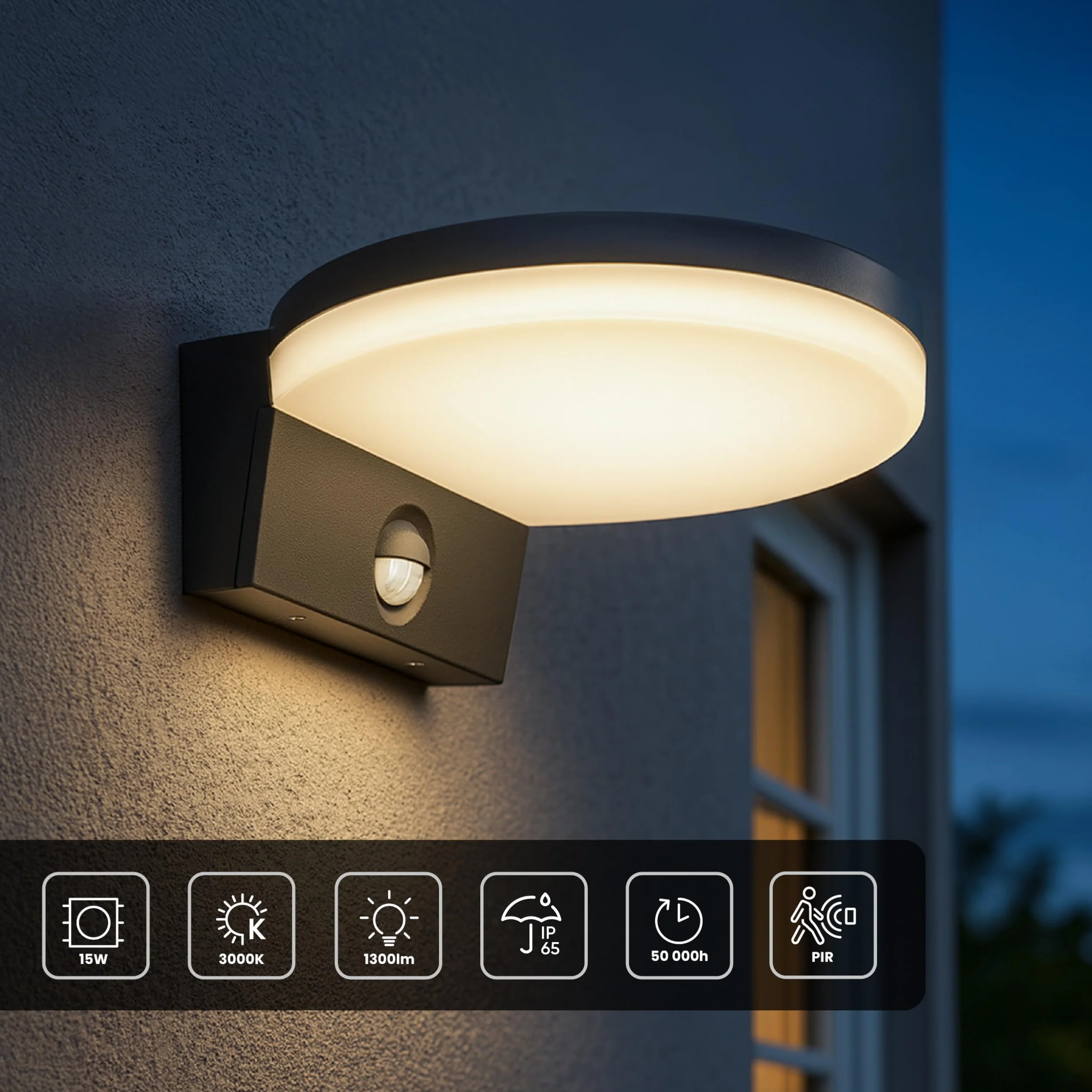 Lampa Zewnętrzna LED z Czujnikiem Ruchu PIR 3000K 1300lm Szeroki kąt >80° IP65