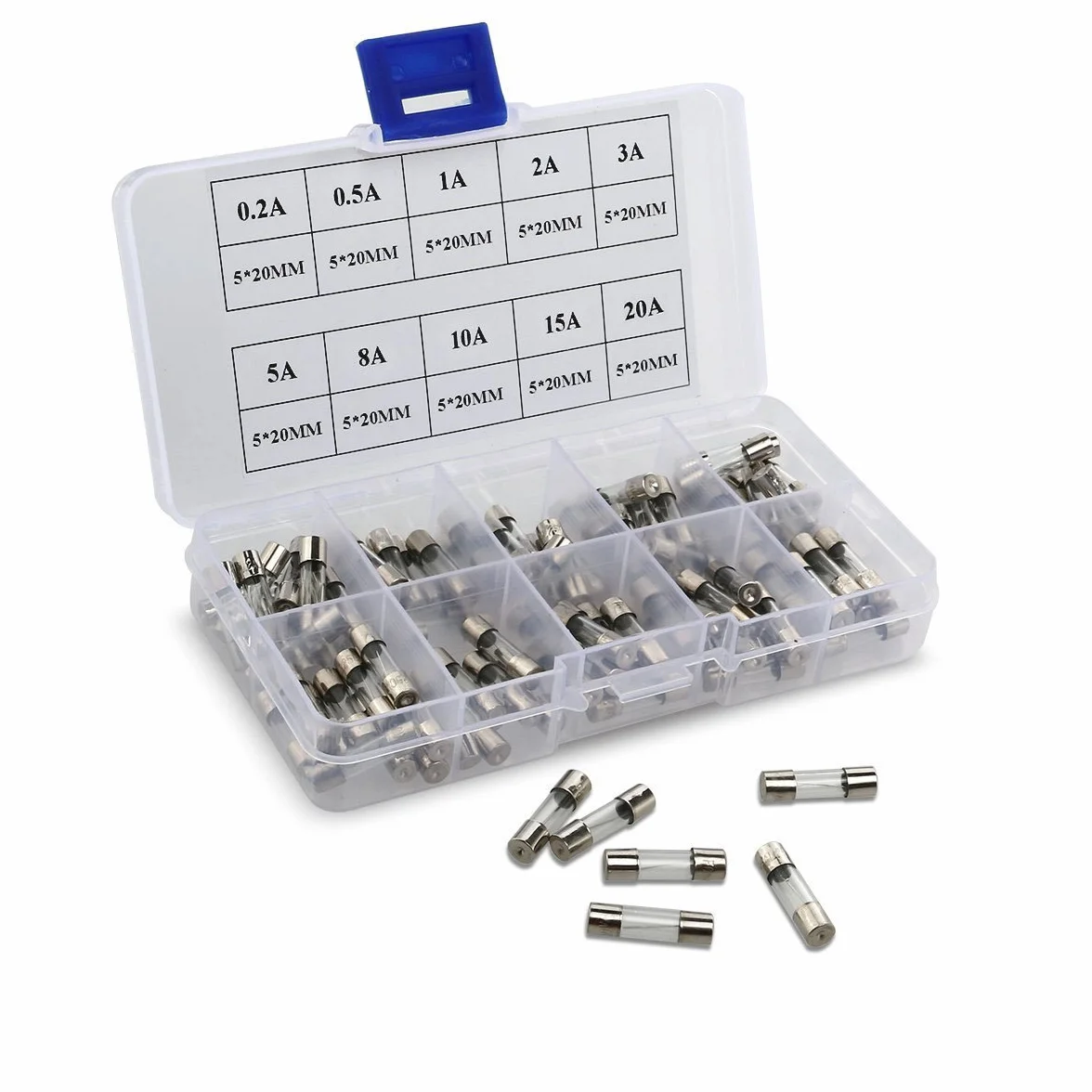 DollaTek Bezpieczniki szklane 5x20 mm Fast-Blow 0,2A-20A 100 szt