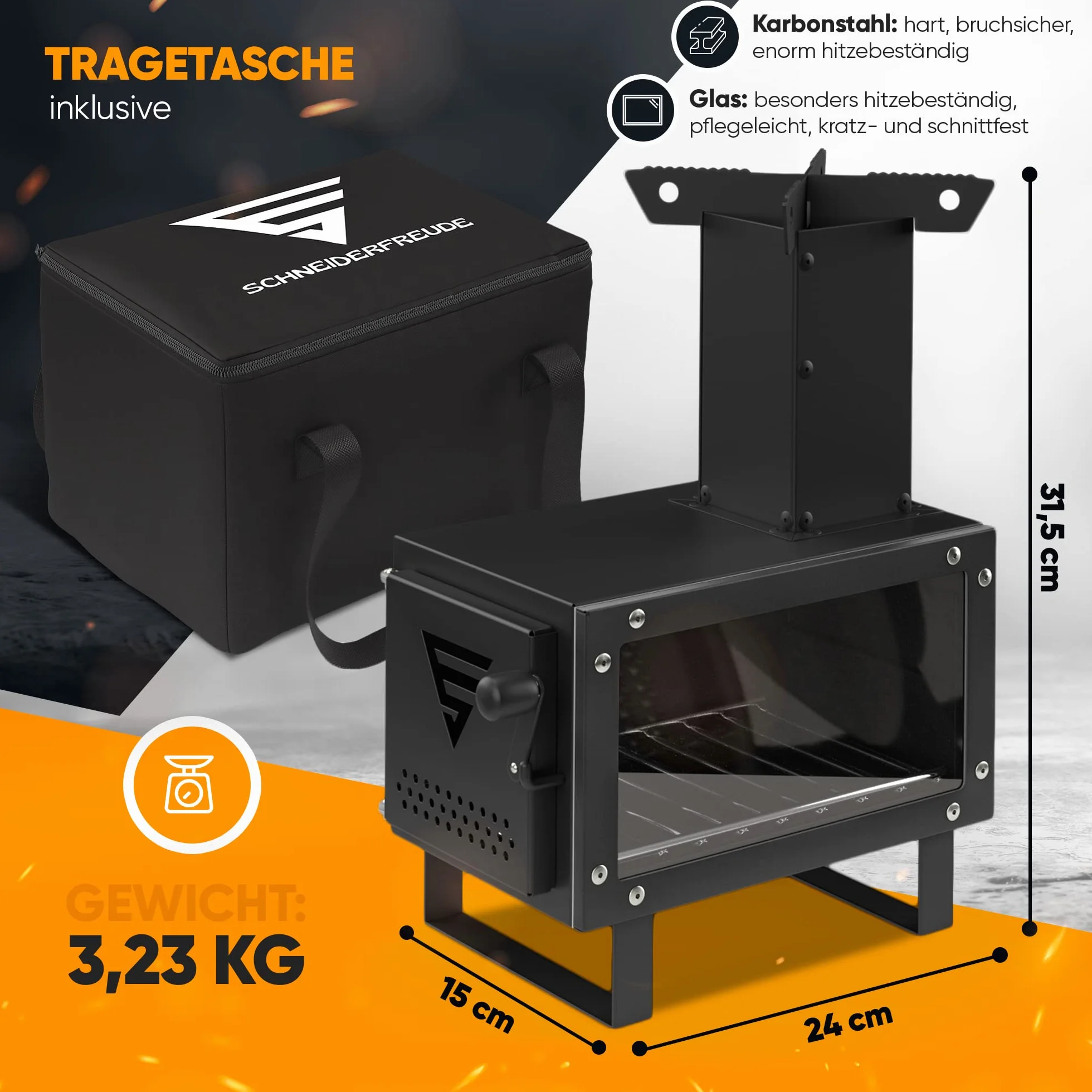SCHNEIDERFREUDE Piec rakietowy premium z torbą transportową, 2 powierzchnie do gotowania, szybą i patelnią na popiół, do ogrodu i na kemping