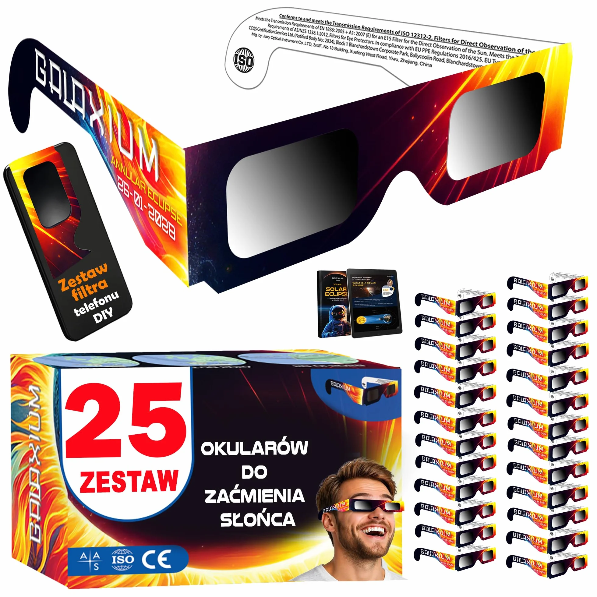 Okulary do zaćmienia Słońca AAS 2026 certyfikat ISO CE 12 szt.