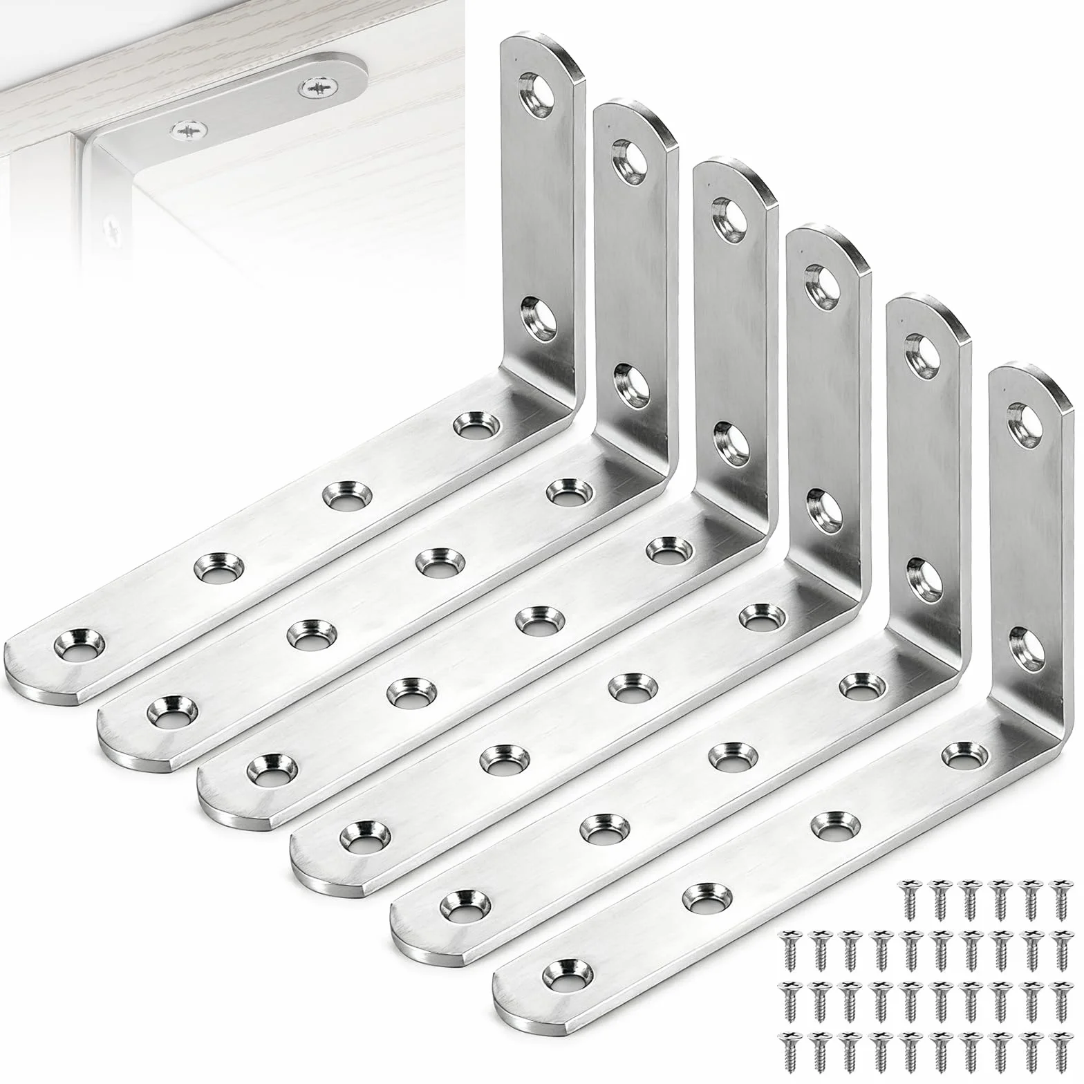 Uchwyt ścienny kątowy L 90° ze stali nierdzewnej 125x75x20 mm, 6 sztuk do regału metalowy z 36 śrubami