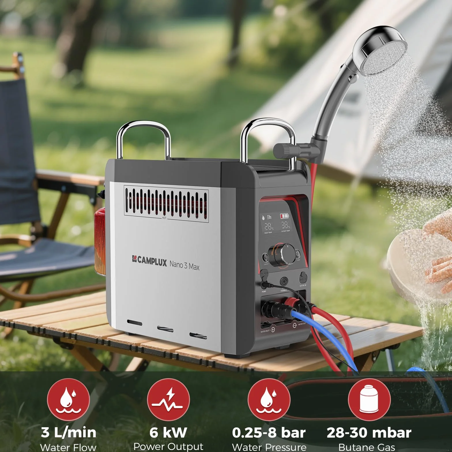 CAMPLUX Nano 3 Max Gazowy Podgrzewacz Wody Przenośny 3 L/min Butan 28-30 mbar 12V