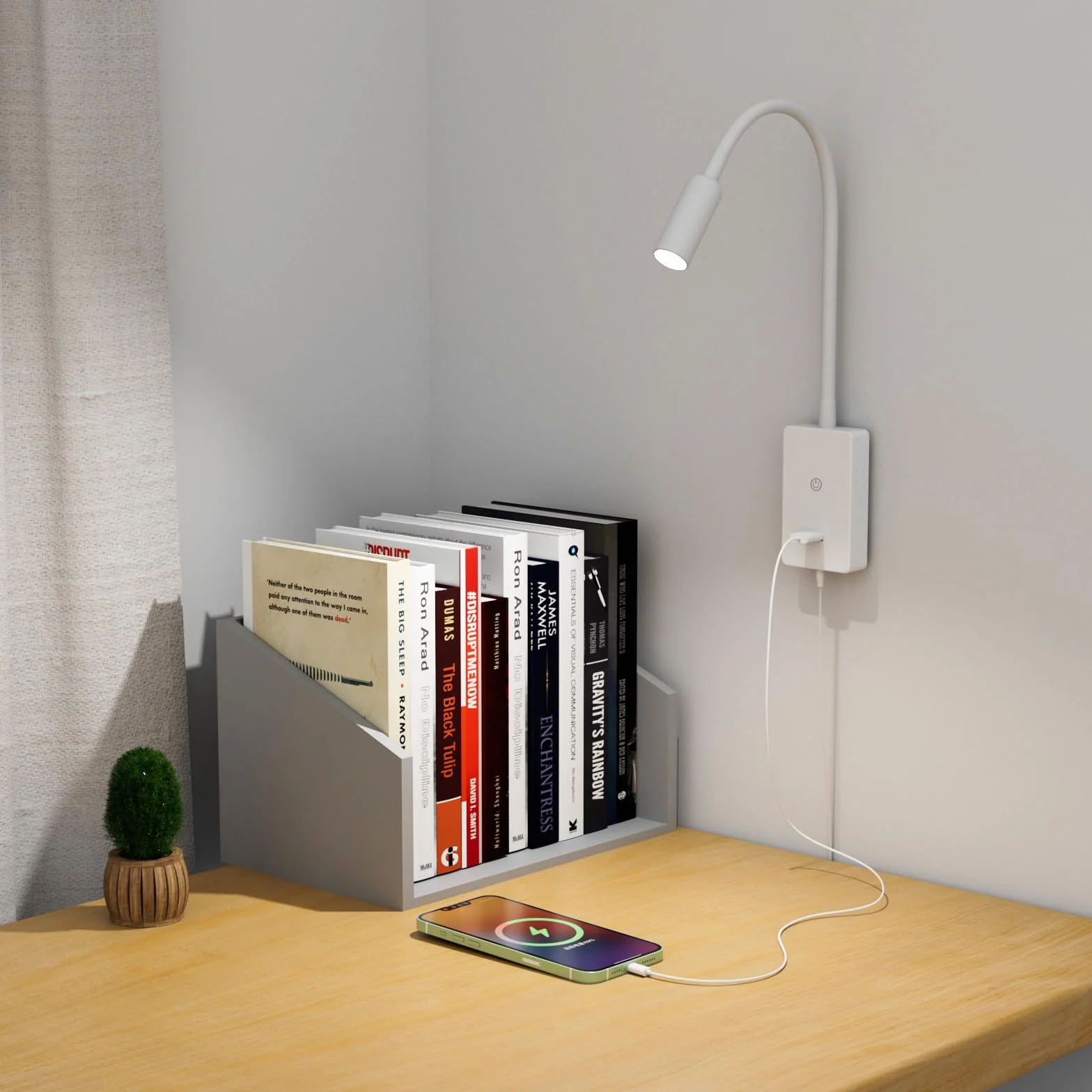 ENUOTEK Lampka Nocna LED Z Regulacją Dotyku Do Montażu Na Ścianie, Biała Kinkiet Do Czytania Z Portem USB 5V2A, Elastyczny Giętki Przewód, 4 Poziomy Jasności, Neutralne Białe