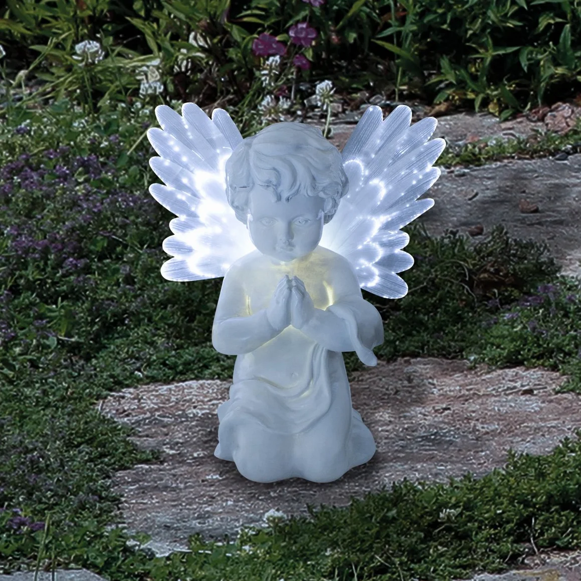 GardenKraft 12680 Zasilane energią słoneczną LED Angel Light Cherub ze skrzydłami światłowodowymi ciepłe białe diody LED