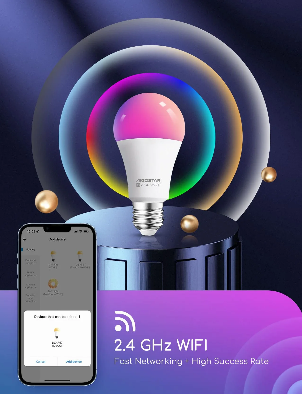 Aigostar Smart Bulb E27 SL2 LED 9W 806LM WiFi Żarówka RGB 2700K-6500K Ściemnialna Kompatybilna z Alexa Google Home 6 szt.