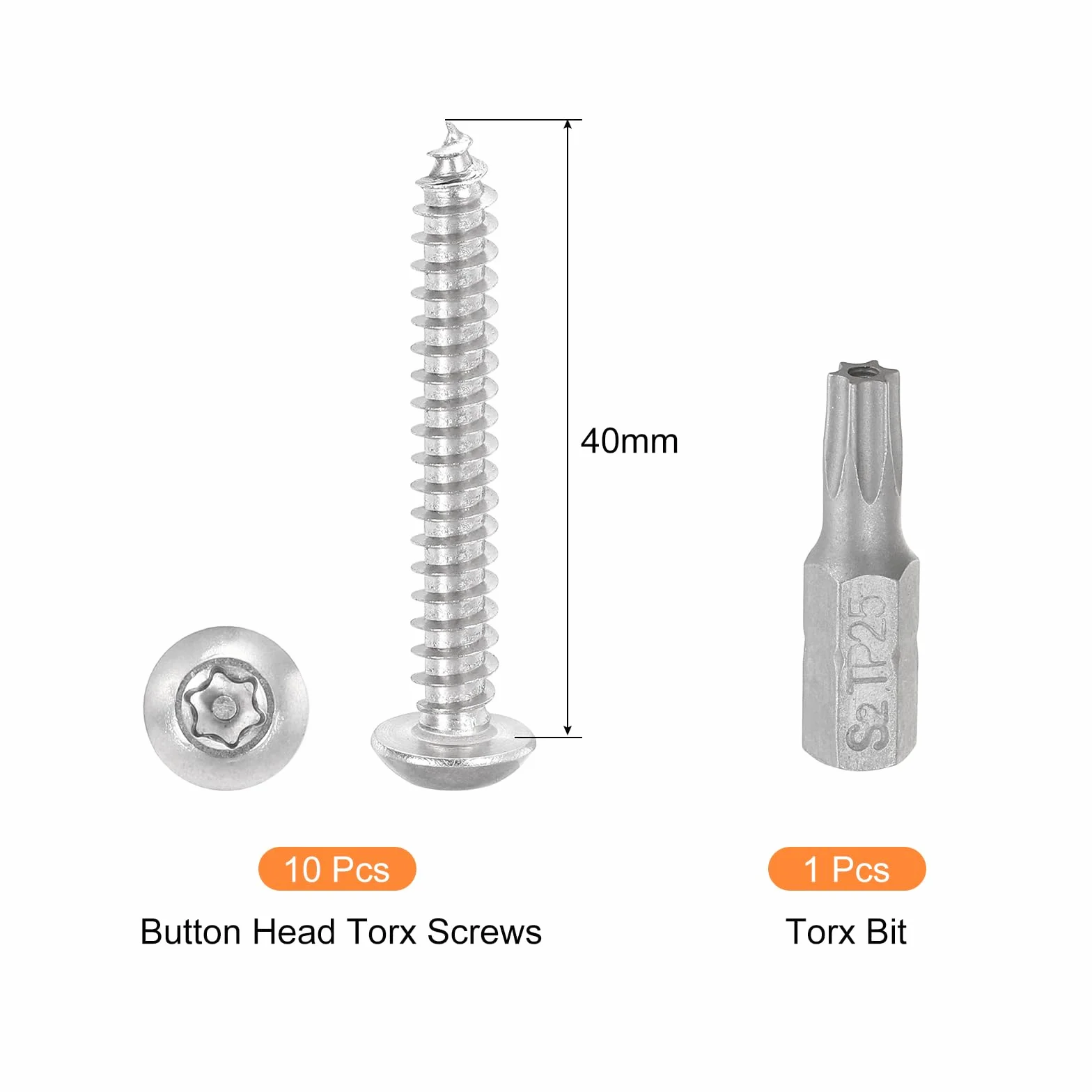 Śruby do blachy Torx M5 x 40 mm ze stali nierdzewnej 304, antykradzieżowe, 10 szt. T25