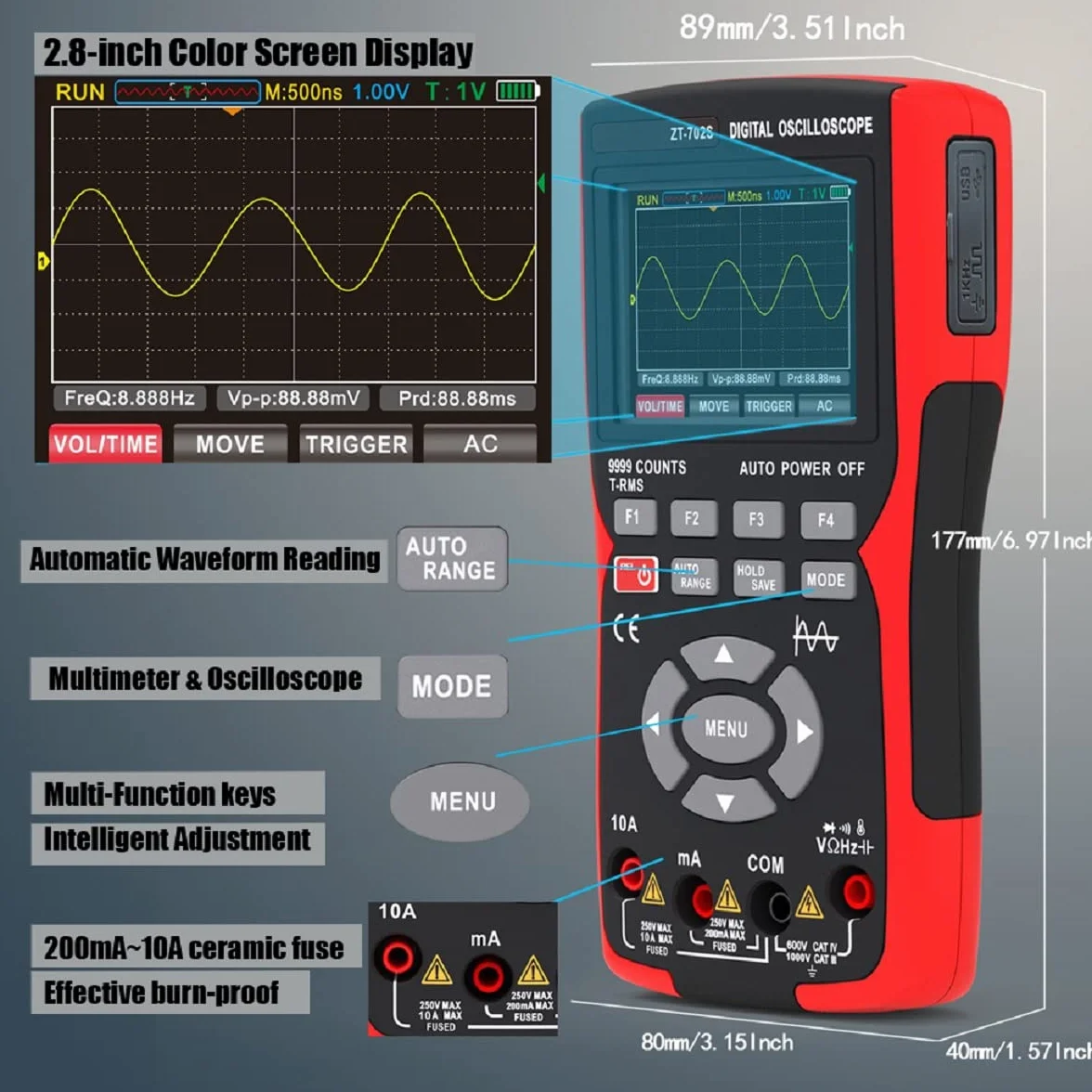 Ręczny oscyloskop, multimetr cyfrowy liczący 9999 z pirometrem z sondą K, szerokość pasma 10 MHz, próbkowanie 48 MSa/s, funkcja automatycznej kalibracji CC/AC