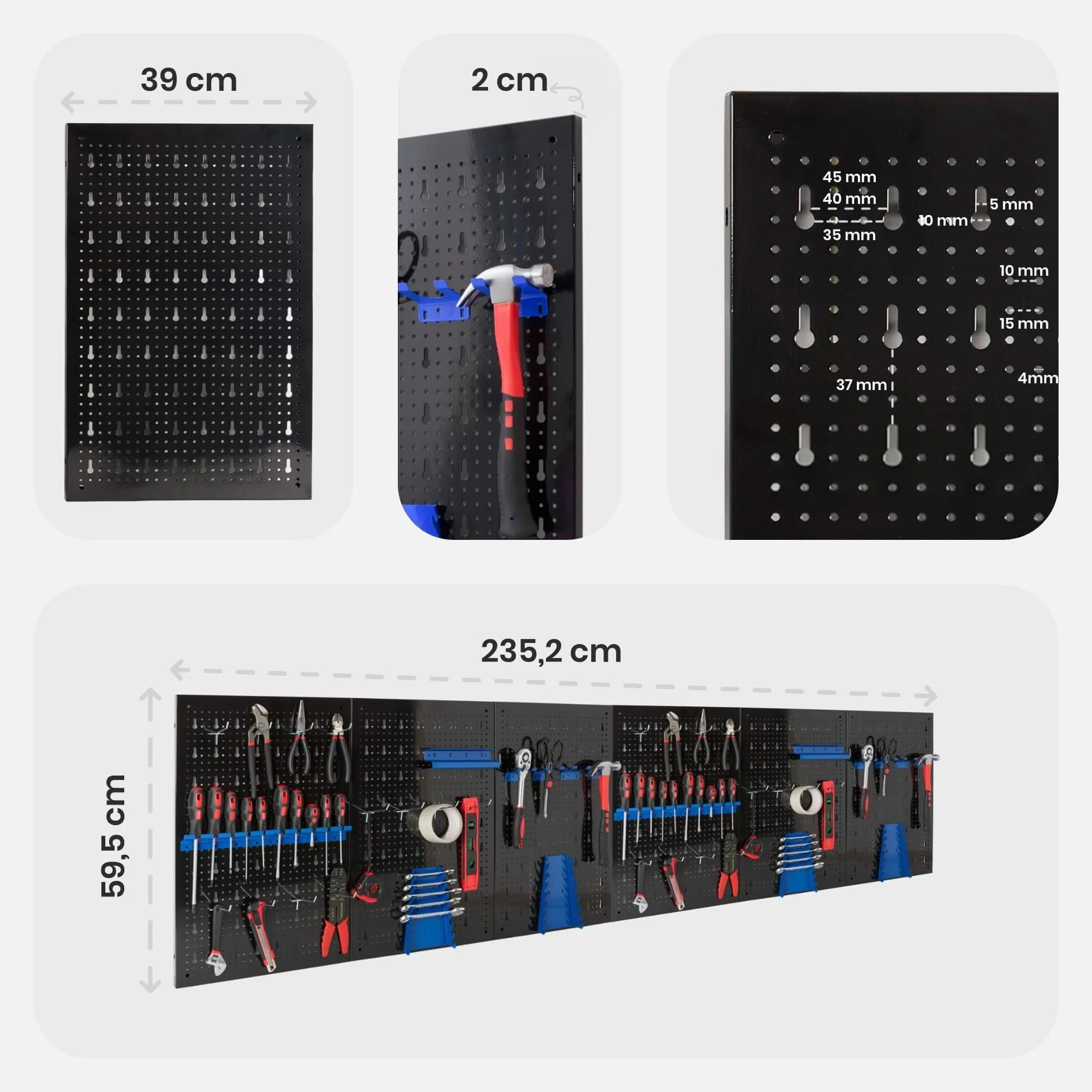 Arebos Ścienna Tablica Narzędziowa 6-częściowa | Zestaw 34 Haczyków i Uchwytów | 235,2x59,5 cm | Metalowa Perforowana Tablica do Warsztatu | Montaż w Zestawie | Niebieska