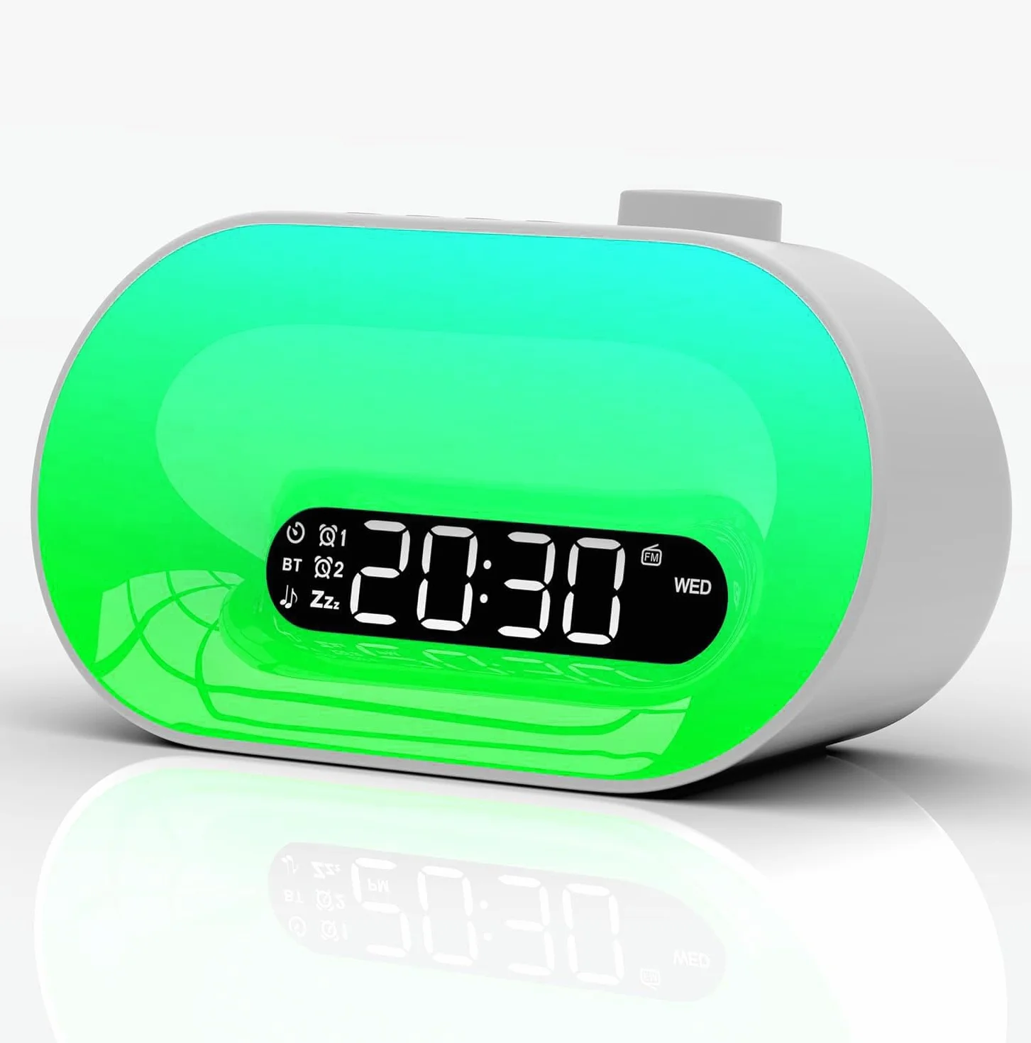 Budzik świetlny Bluetooth z symulacją wschodu słońca, radio FM, 2 alarmy, 16 kolorów światła nastrojowego