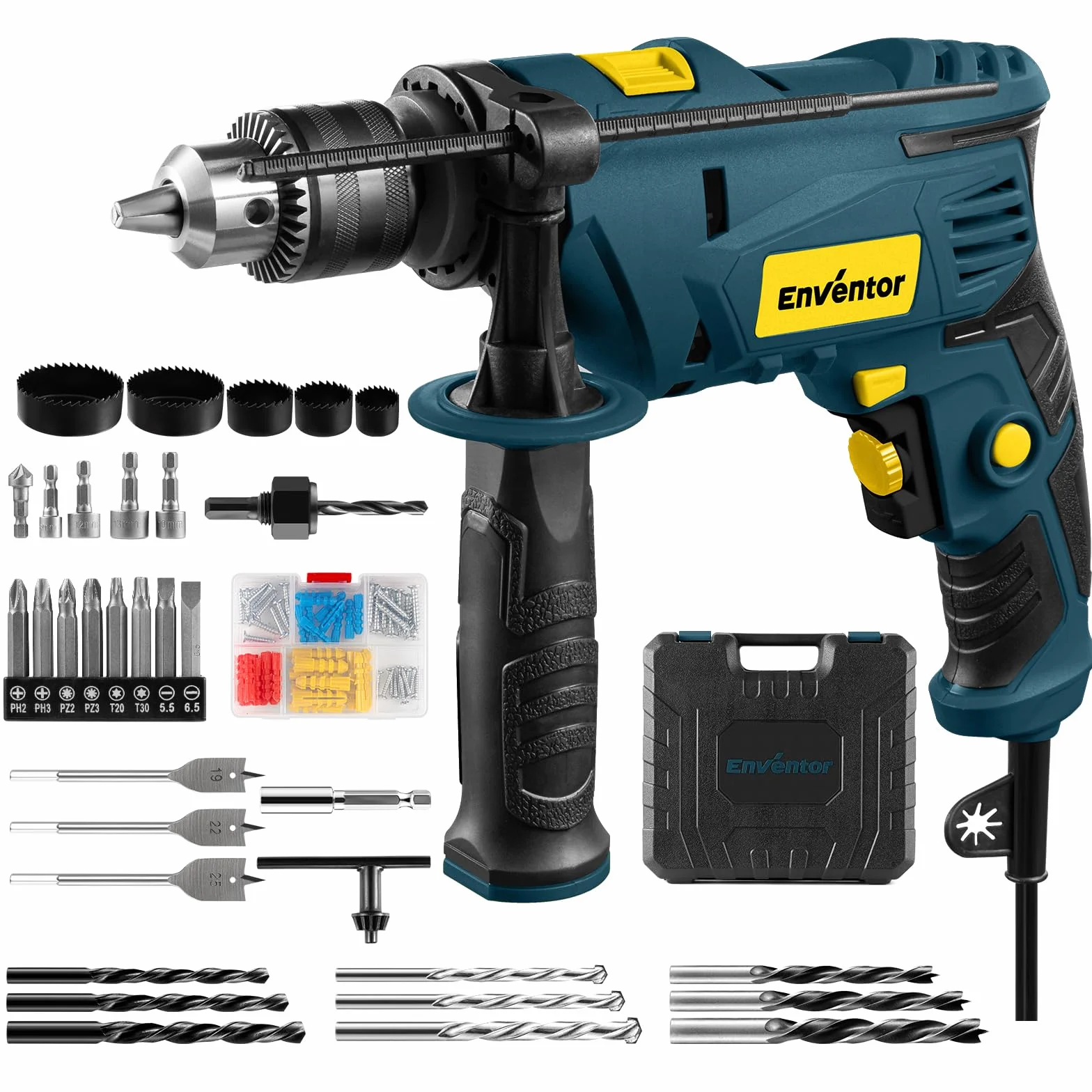 ENVENTOR Wiertarka udarowa 900 W, elektryczna wiertarka z 36 akcesoriami, 0-3000 obr./min, uchwyt 13 mm, do betonu, metalu i drewna