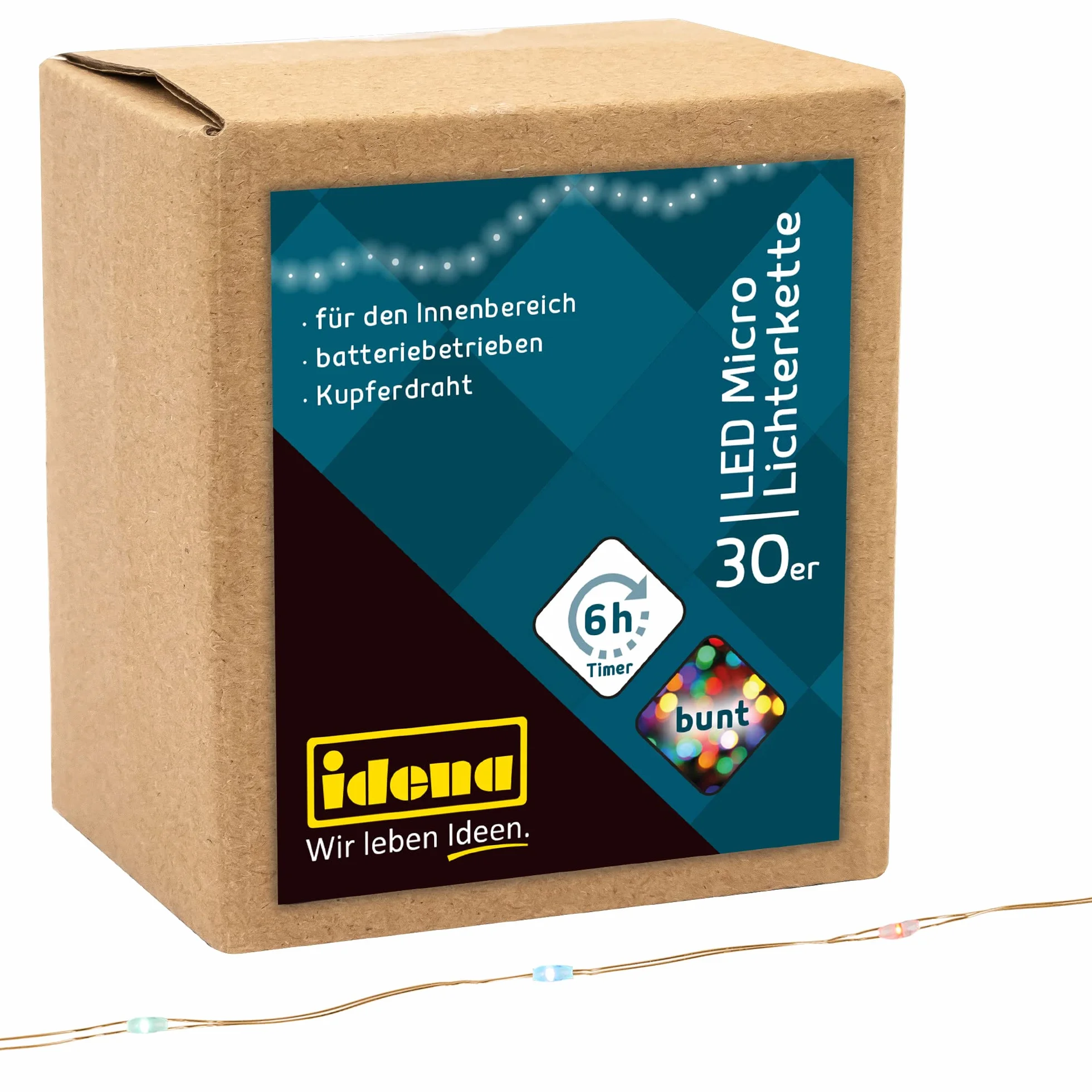 Idena 31096 Łańcuch Świetlny LED 30 Diod Kolorowy 6-Godzinny Timer Zasilany Bateriami 3,2 m Dekoracja Wnętrz Imprezowa