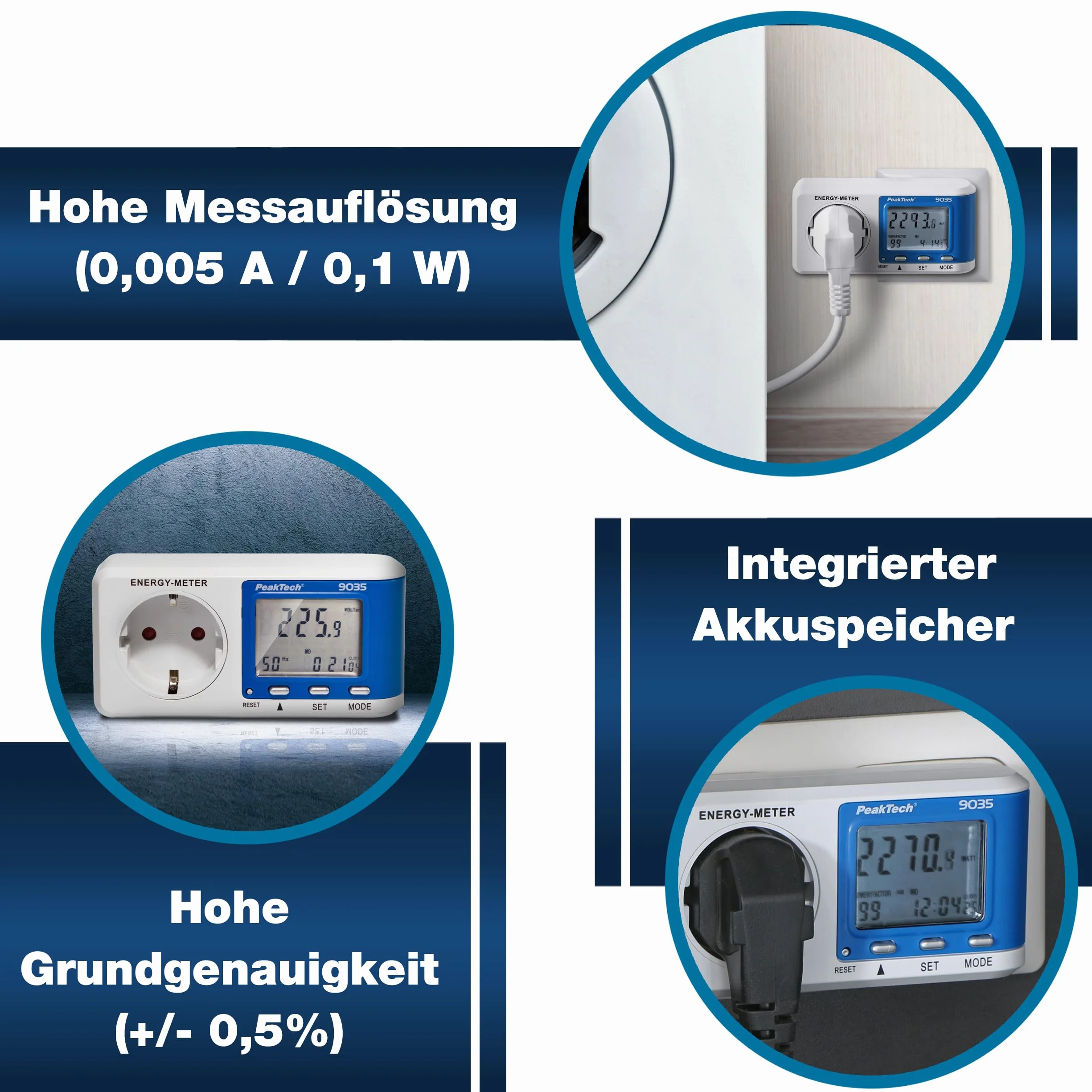 PeakTech P 9035 - Miernik kosztów energii ~ 0.005 A ... 16 000 A ~ 3680W ~ rozdzielczość 0.1W
