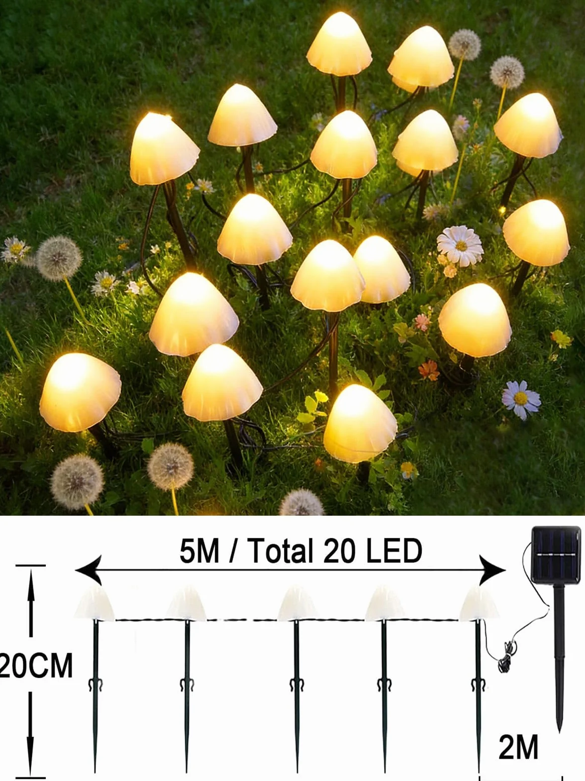 Joycome Ozdoby ogrodowe słoneczne 5 m 20 diod LED grzyb wodoodporne lampki ogrodowe ciepła biel