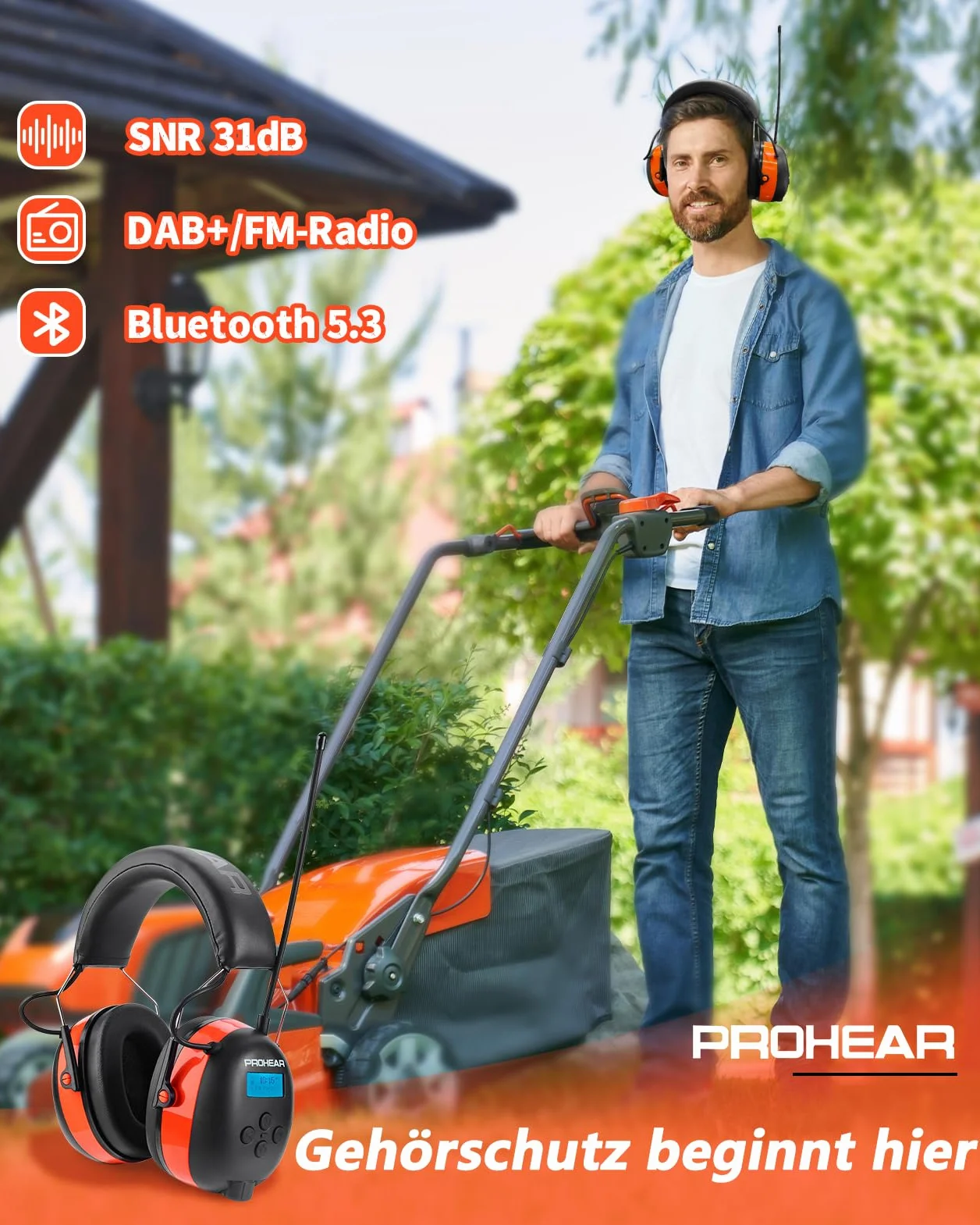 PROHEAR 033A Nauszniki z radiem DAB+ Bluetooth FM, słuchawki z redukcją hałasu SNR 31 dB