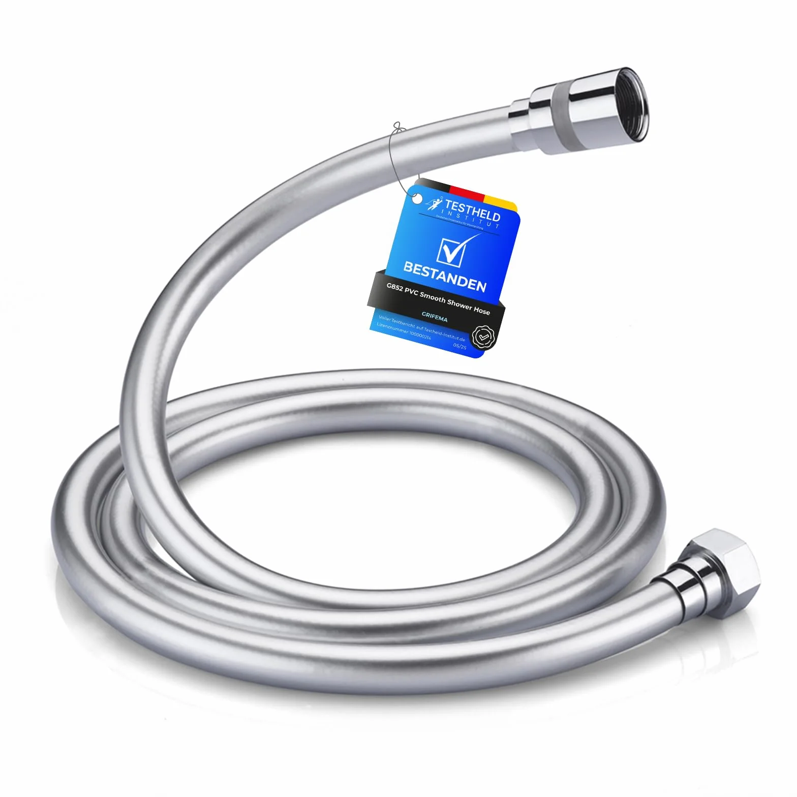 GRIFEMA Wąż prysznicowy 1.5 m elastyczny PVC 1/2" antyskrętny mosiężne złącza srebrny