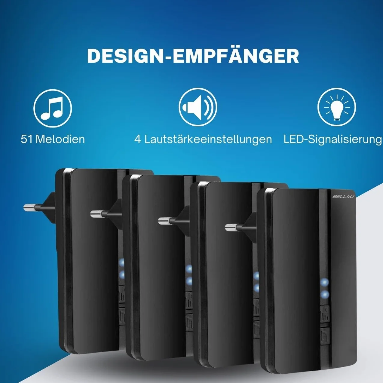 Bezprzewodowy dzwonek do drzwi z 4 odbiornikami plug-in i 2 nadajnikami – bezprzewodowy, bez baterii i wodoszczelny, zasięg 200 m, dzwonek do drzwi zewnętrznych, 51 melodii, 4 poziomy głośności