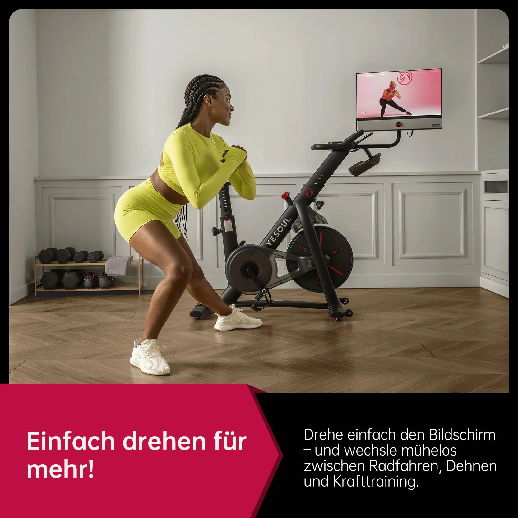 YESOUL BIKE G1M MAX rower treningowy z magnesem, wyświetlacz FHD, 21,5", czarny, obrót o 360°, elektryczny 24 V, rower wewnętrzny, 35 kg, pojemność 137 x 53 x 145 cm