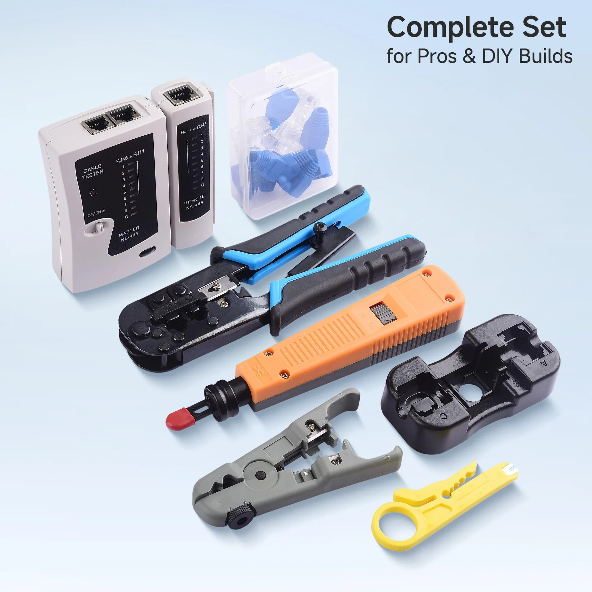 Cable Matters zestaw narzędzi sieciowych 7 w 1: zaciskarka RJ45, narzędzie uderzeniowe (punch down), podstawka, tester kabli, wtyki RJ45 z osłonkami, ściągacz izolacji + walizka