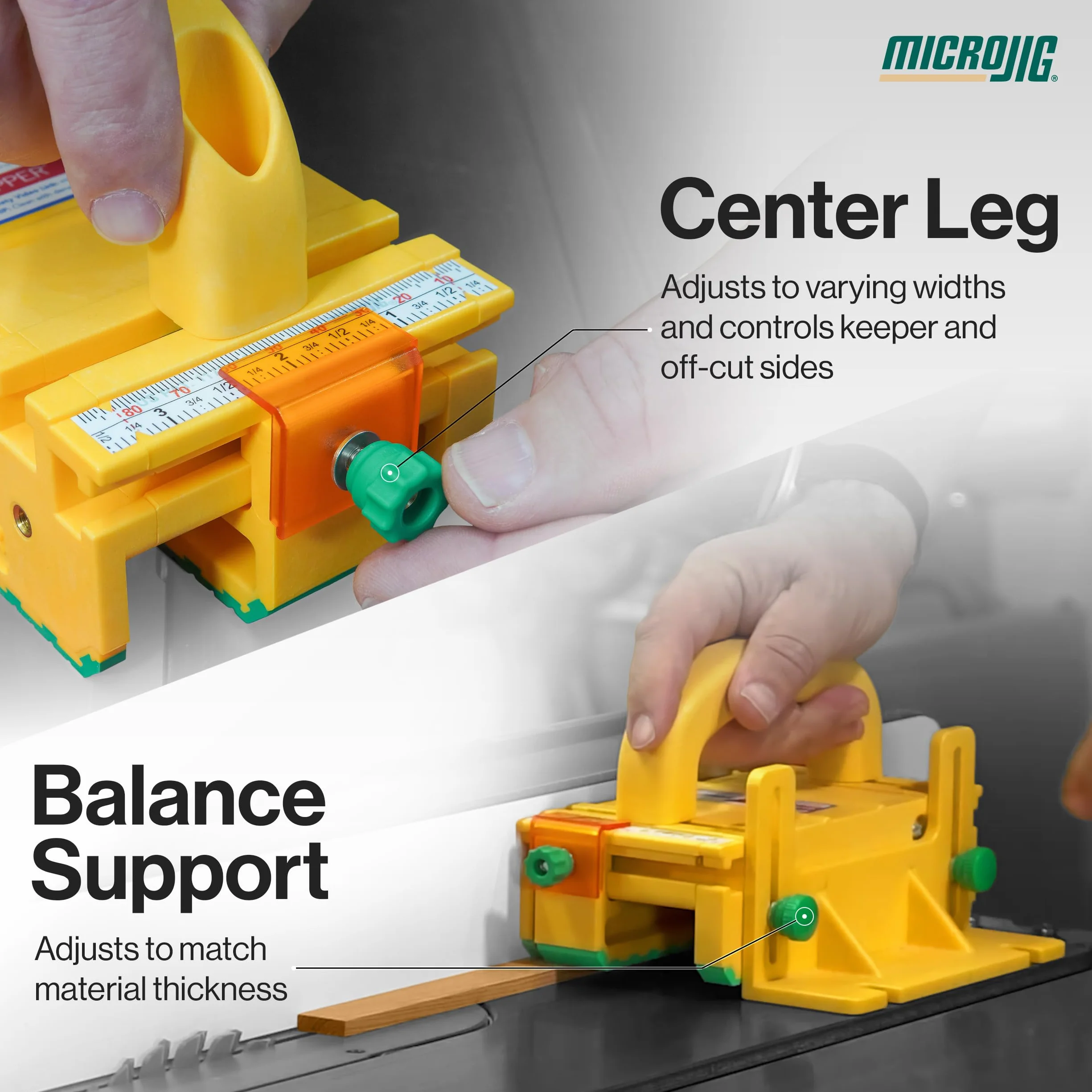 Microjig GRR-RIPPER+ SafeRip Kit Adjustable 3D Push Block for Table Saws Yellow/Green