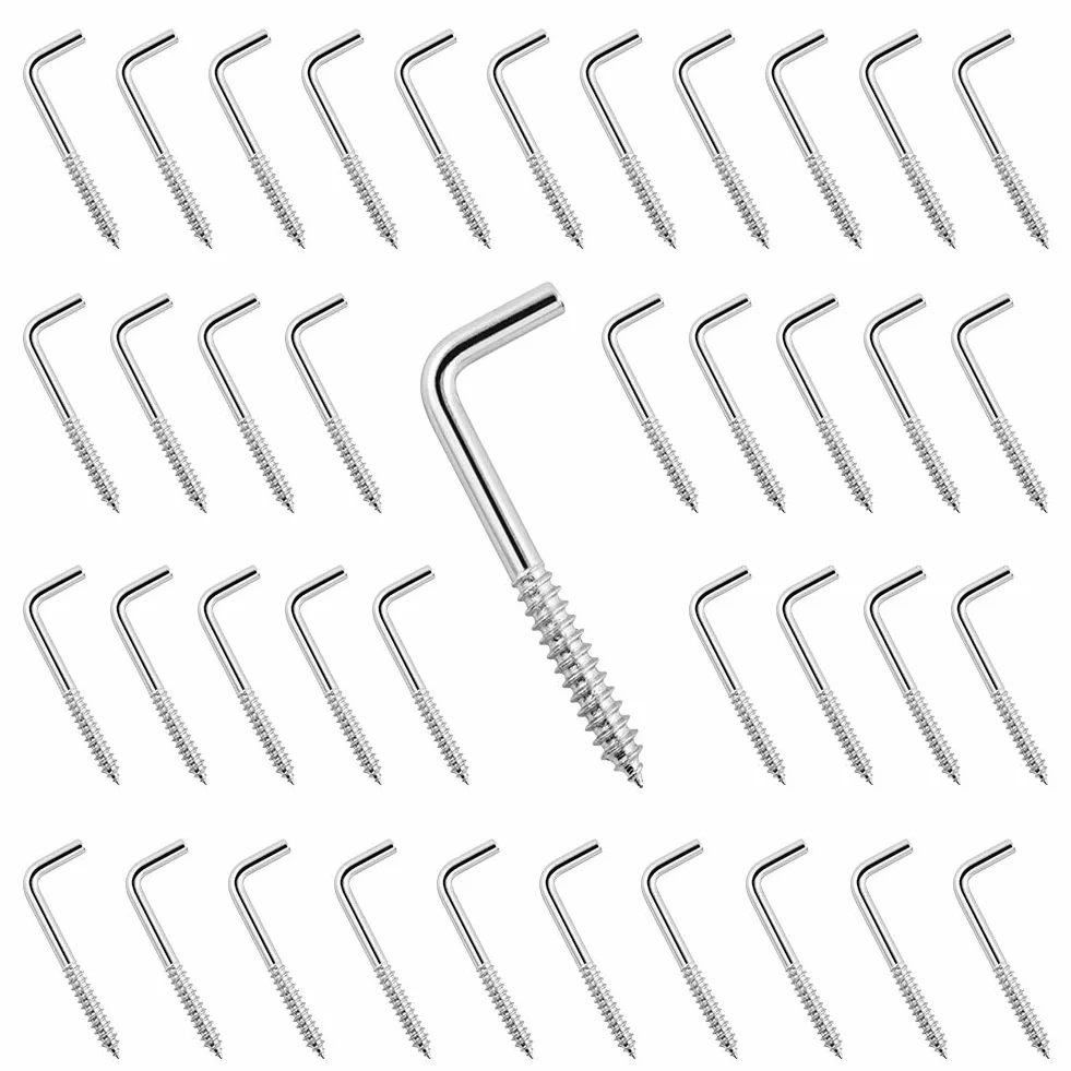 QWORK® Haki śrubowe proste ze stali węglowej, w kształcie litery L, kątowe, śruba hakowa, 40 sztuk, haki śrubowe proste ocynkowane 50 mm × 17 mm